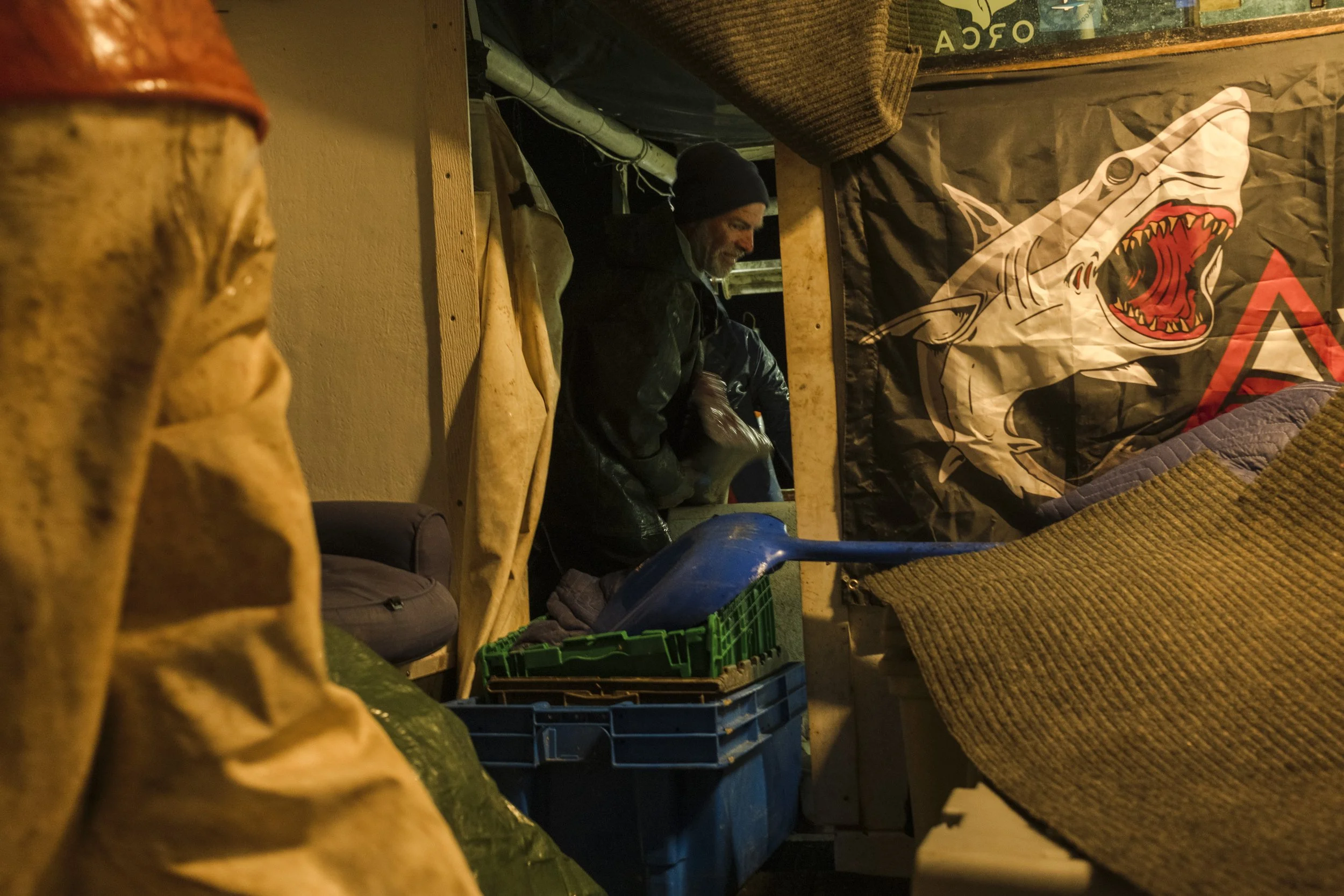 A man wearing a black beanie and dark jacket working inside a cluttered space with a large shark banner on the wall.