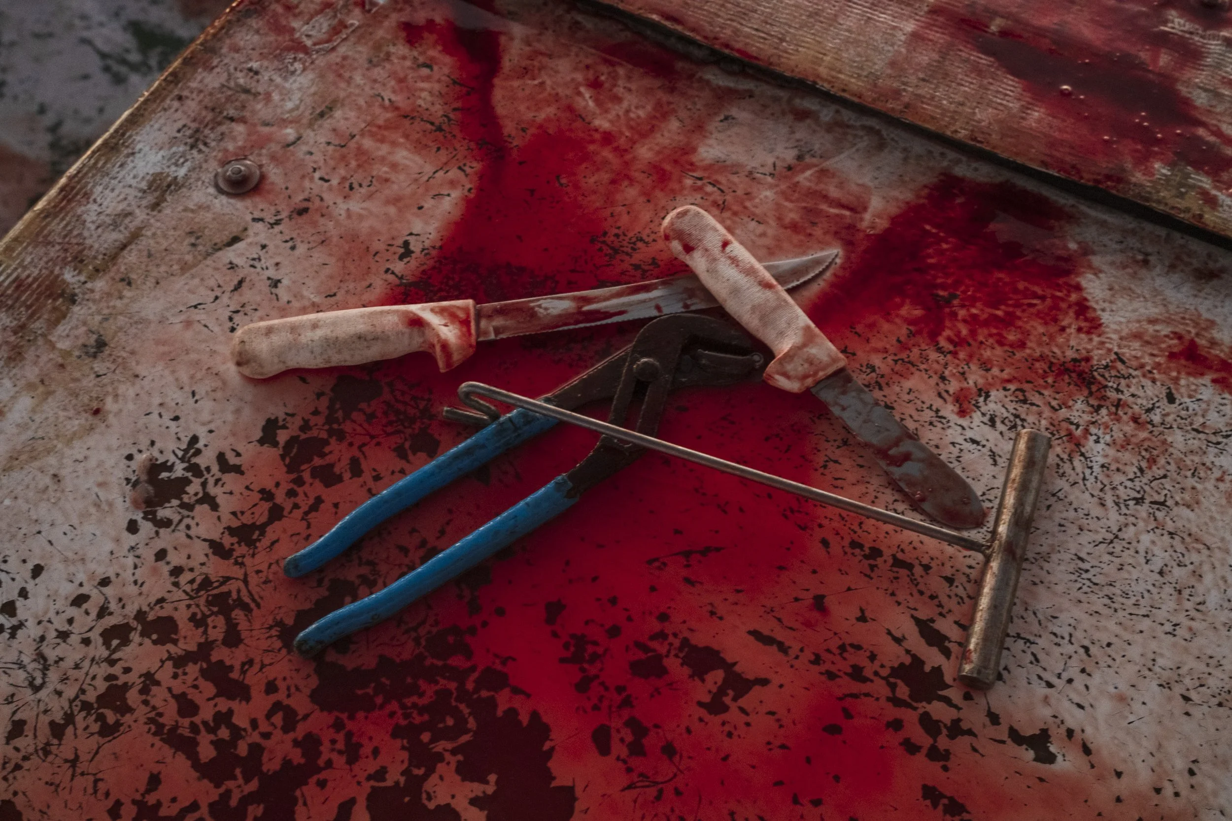 A blood-stained metal table with three knives, a pair of pliers, and a screw, all appearing used and stained with blood.