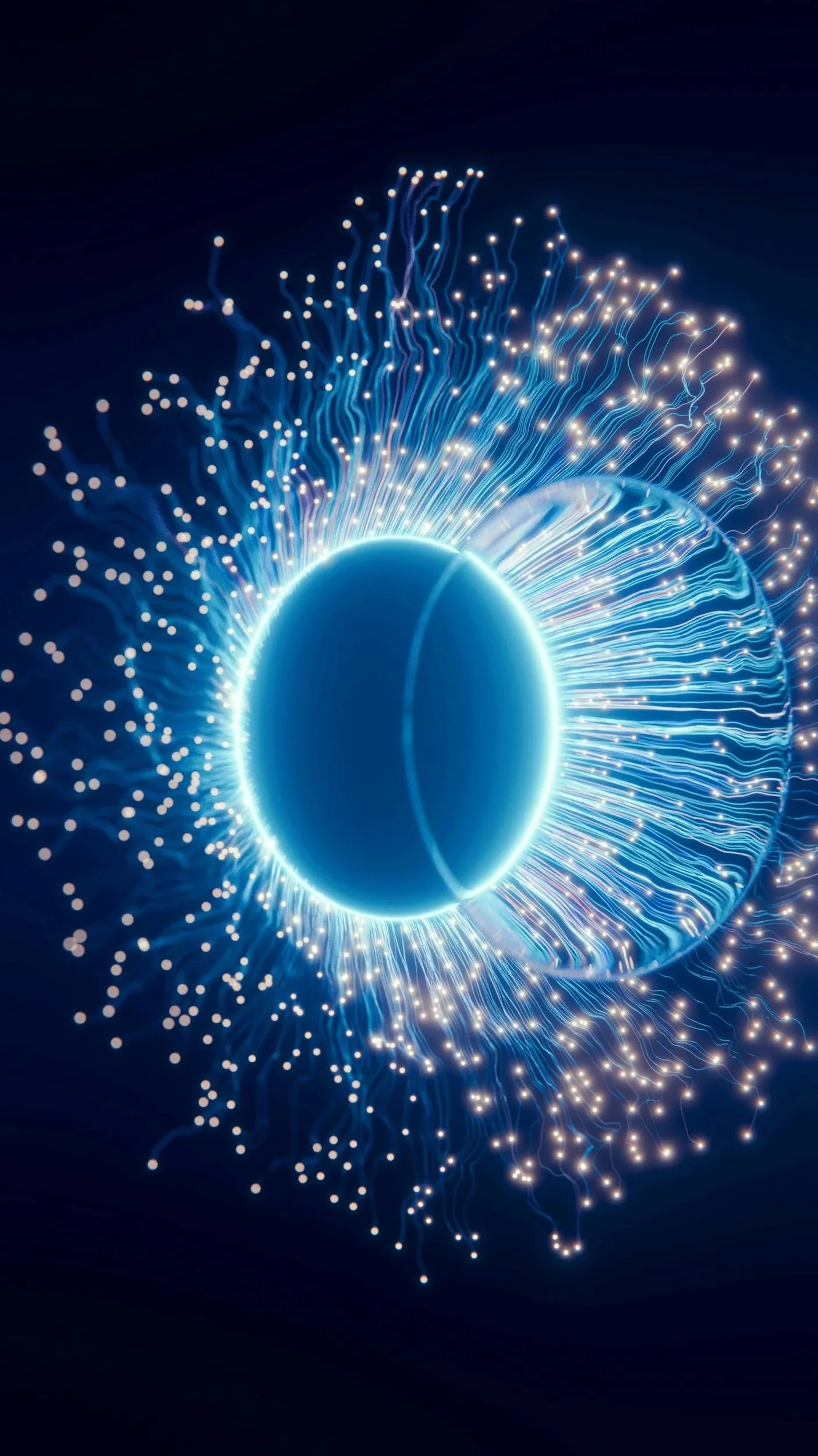 A digital representation of a neutron or atomic nucleus surrounded by glowing blue and white lines, dots, and particles, suggesting atomic or subatomic activity.