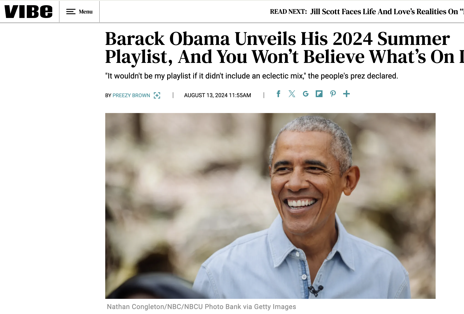 Vibe, "Barack Obama Unveils His 2024 Summer Playlist, And You Won’t Believe What’s On It", By Preezy Brown, 2024