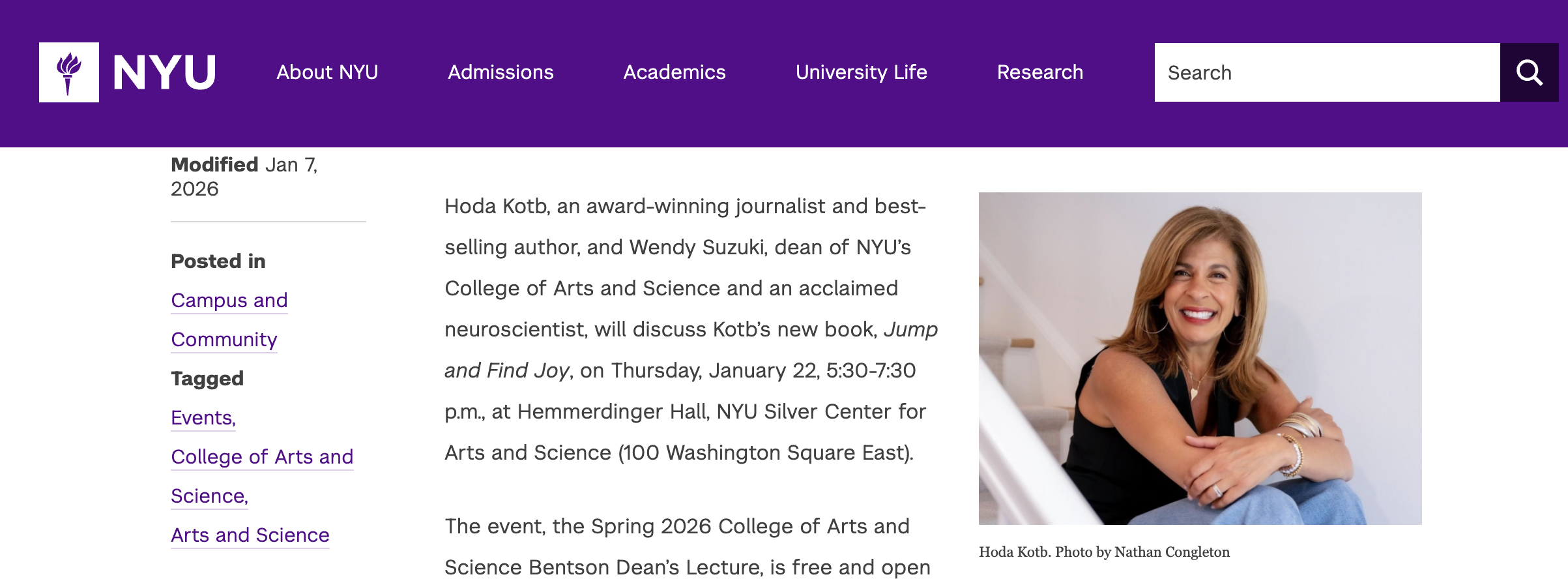 NYU, News Release, "“Jump and Find Joy: Embracing Change in Every Season of Life”—Award-Winning Journalist Hoda Kotb in Conversation with NYU’s Wendy Suzuki", 2026