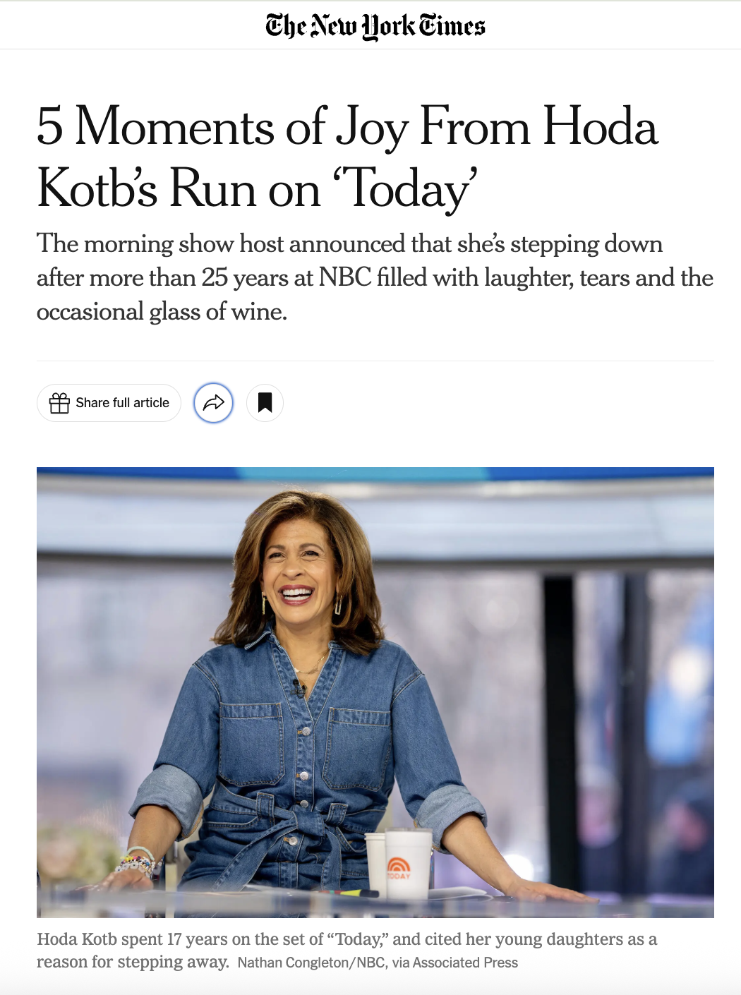 The New York Times, "5 Moments of Joy From Hoda Kotb's Run on 'Today'", By Annemarie Conte, 2024