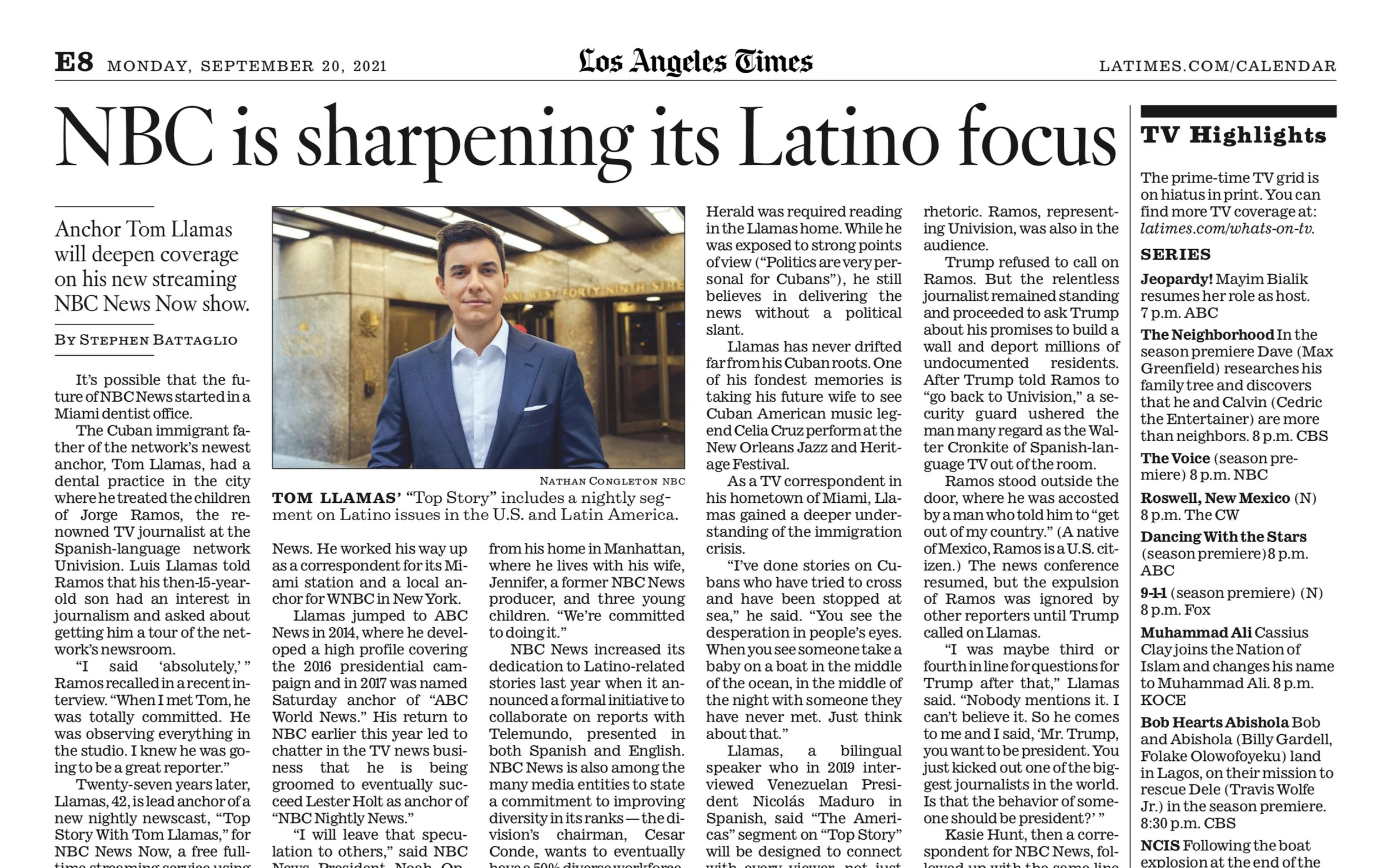 Los Angeles Times, "NBC is sharpening its Latino focus" By Stephen Battaglio, 2021