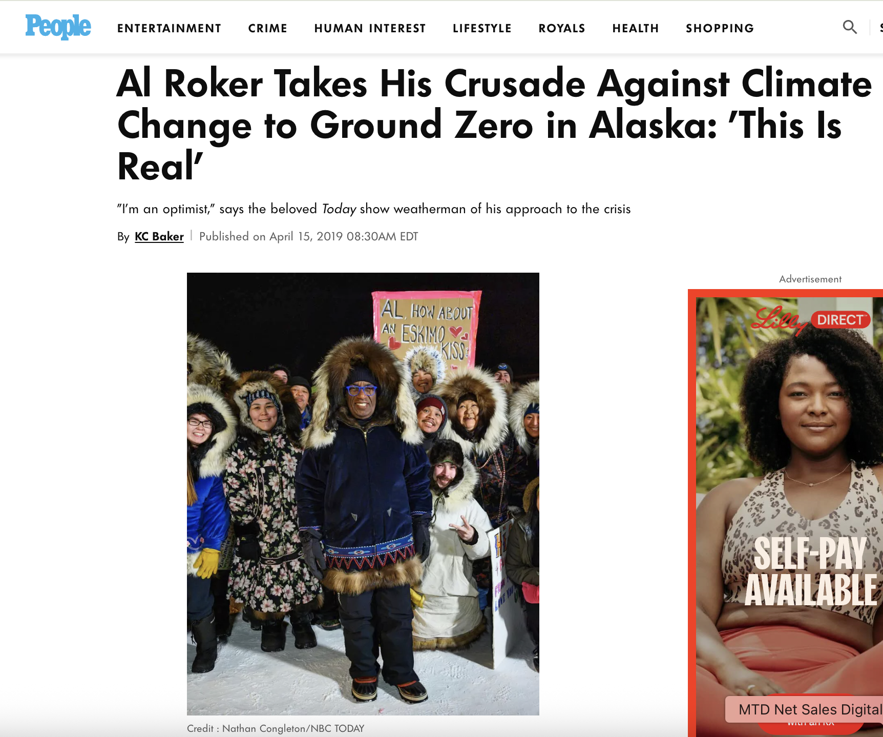 People Magazine, "Al Roker Takes His Crusade Against Climate Change to Ground Zero in Alaska: 'This Is Real'", By KC Baker, 2019