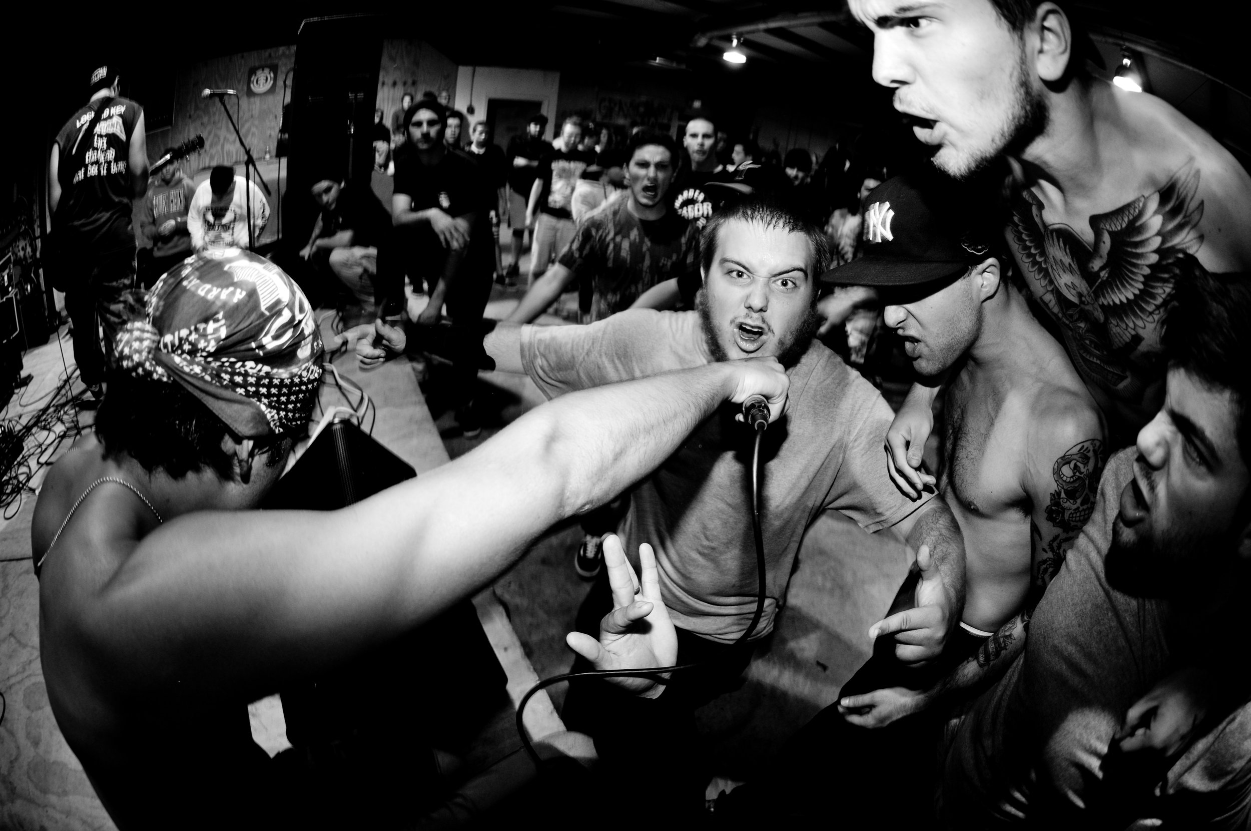 A black and white photo of a crowd at a concert or punk show, with people yelling or singing into the microphone held by a shirtless man with tattoos and a cap, while others around him are animated and engaged.
