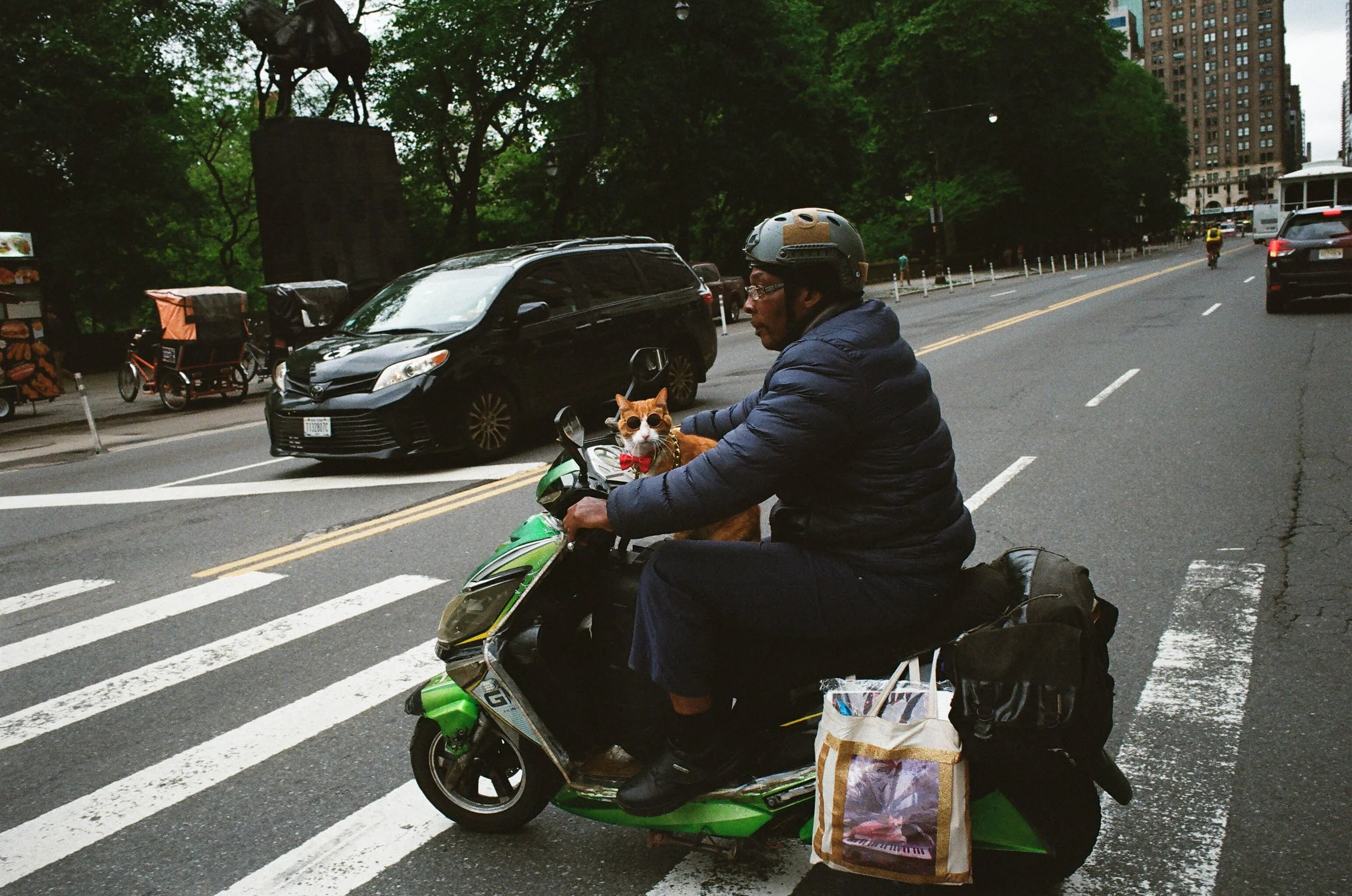 A man riding a green scooter with a small dog wearing sunglasses and a red bow tie in front of him on the handlebars. The man is wearing a helmet and a blue jacket. The background shows a city street with cars, trees, and tall buildings.