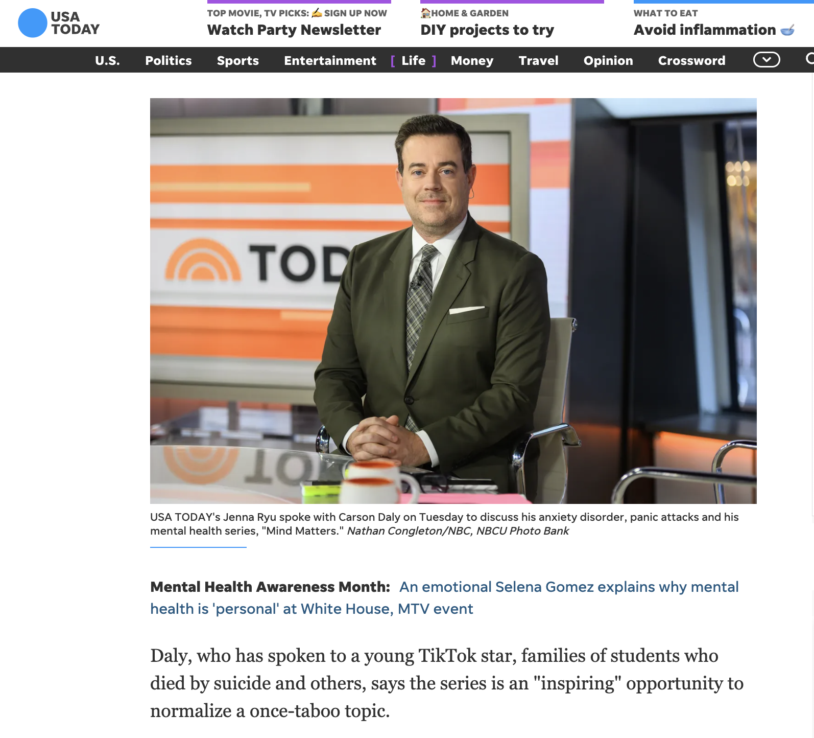 USA Today, "Carson Daly says he's suffered from anxiety, panic attacks on 'The Voice'", by Jenna Ryu, 2022