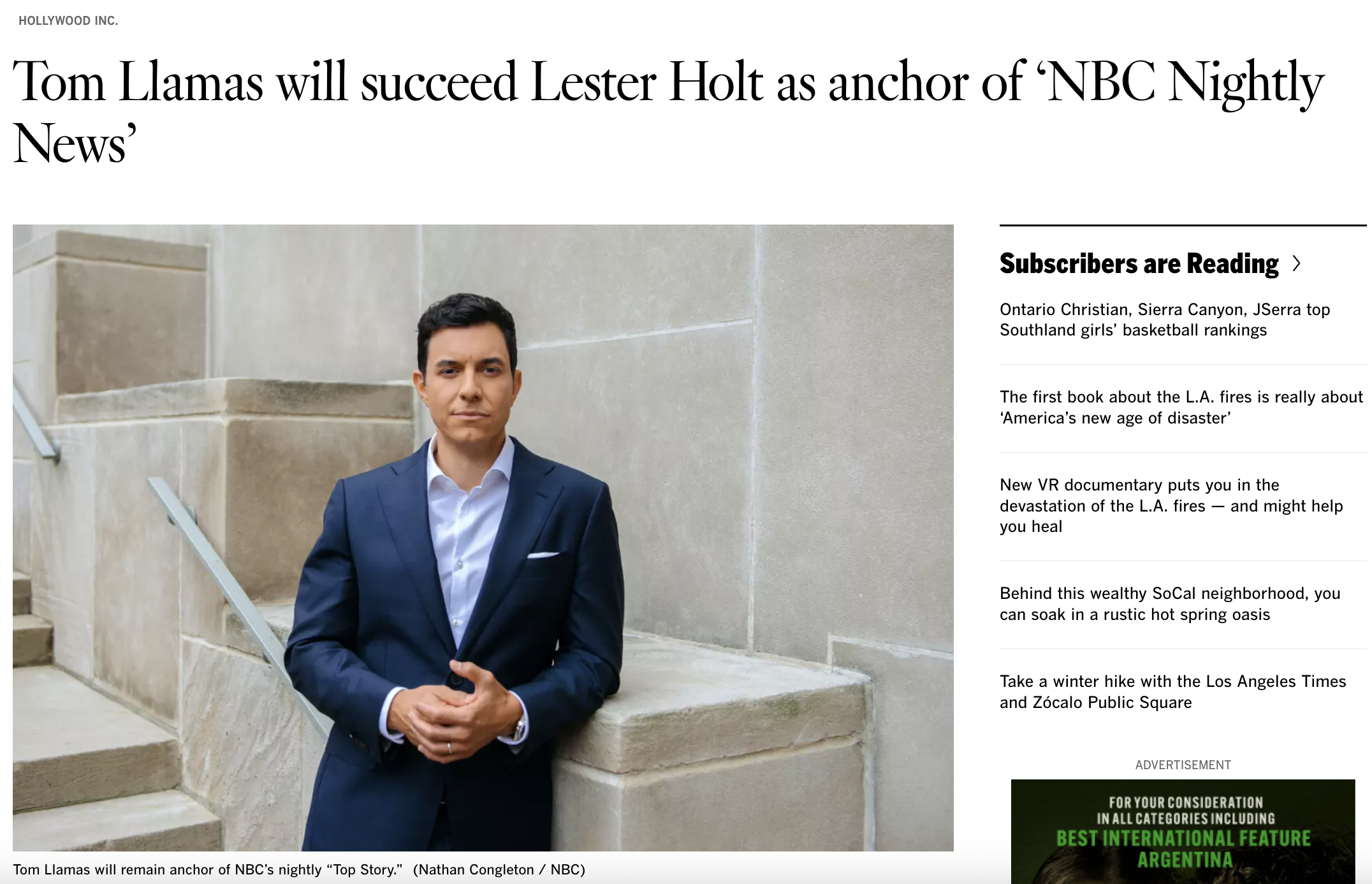 Los Angeles Times, "Tom Llamas will succeed Lester Holt as anchor of ‘NBC Nightly News’", By Stephen Battaglio, 2025