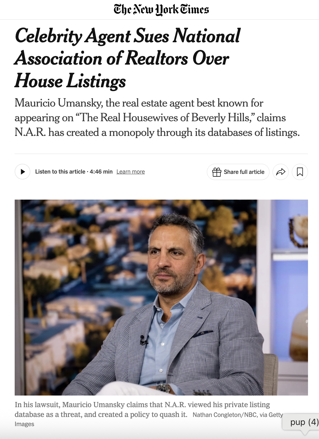 The New York Times, "Celebrity Agent Sues National Association of Realtors Over House Listings", By Debra Kamin, 2025