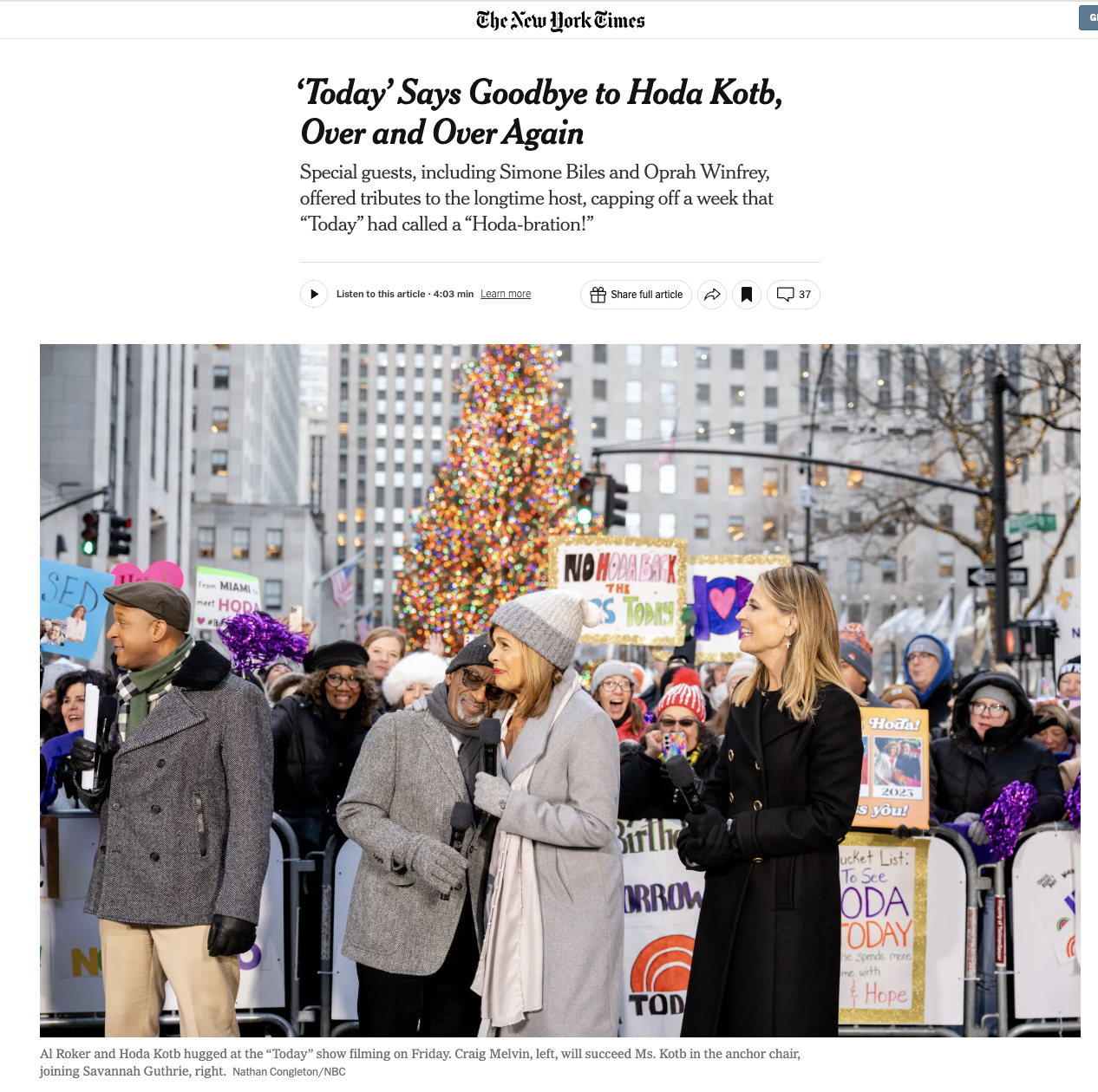 The New York Times, "‘Today’ Says Goodbye to Hoda Kotb, Over and Over Again", By John Koblin, 2025