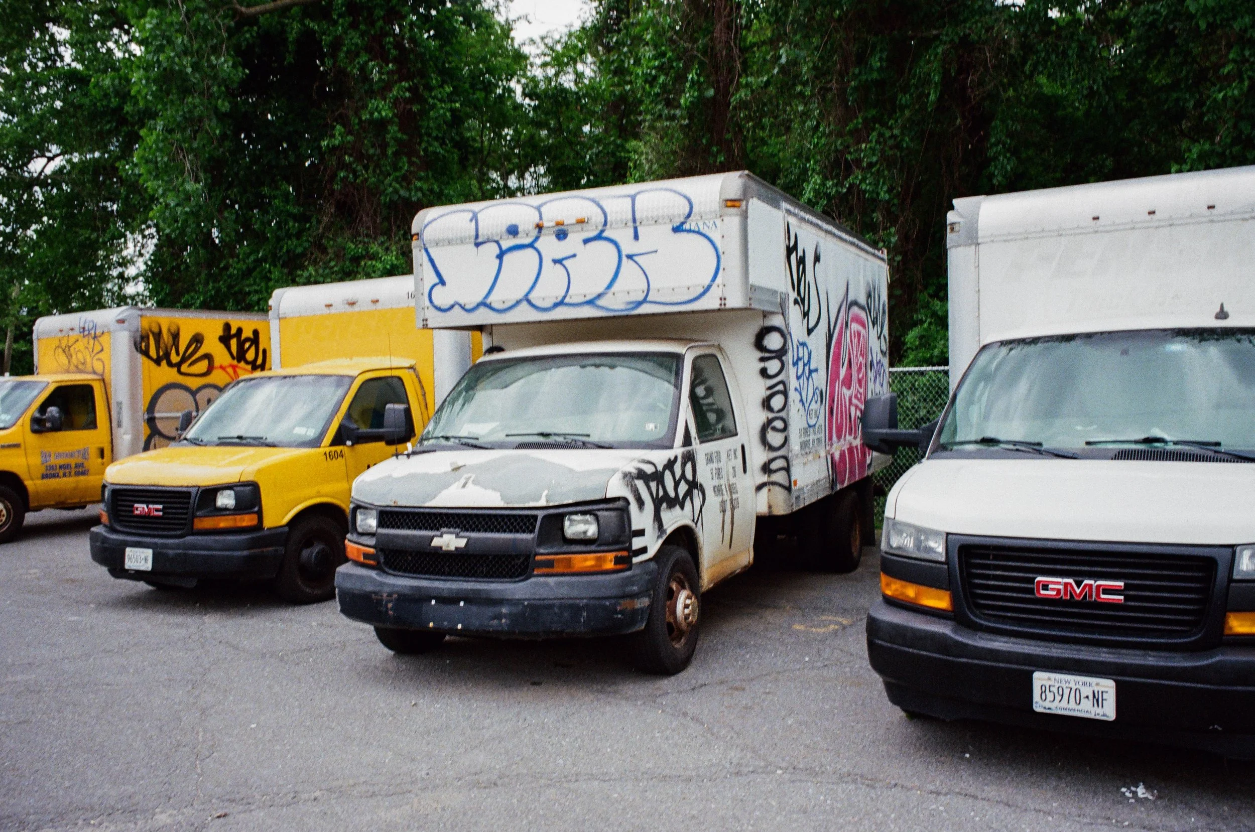 Three trucks and two vans parked in a lot, with graffiti on the trucks and a green tree line in the background.