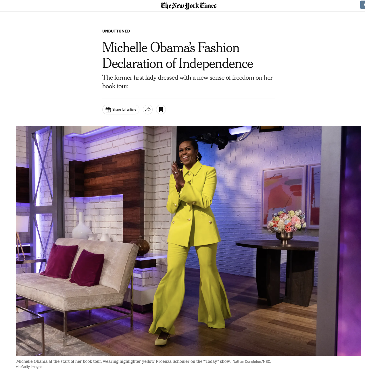 The New York Times, "Michelle Obama’s Fashion Declaration of Independence", by Vanessa Friedman, 2022