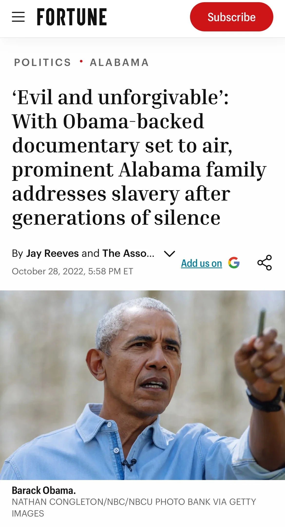 Fortune, "‘Evil and unforgivable’: With Obama-backed documentary set to air, prominent Alabama family addresses slavery after generations of silence", 
By Jay Reeves and The Associated Press, 2022