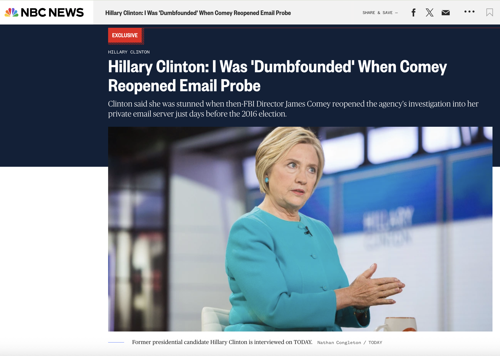 Hillary Clinton wearing a blue blazer, sitting and speaking during an interview on the TODAY show, with NBC News branding in the background.