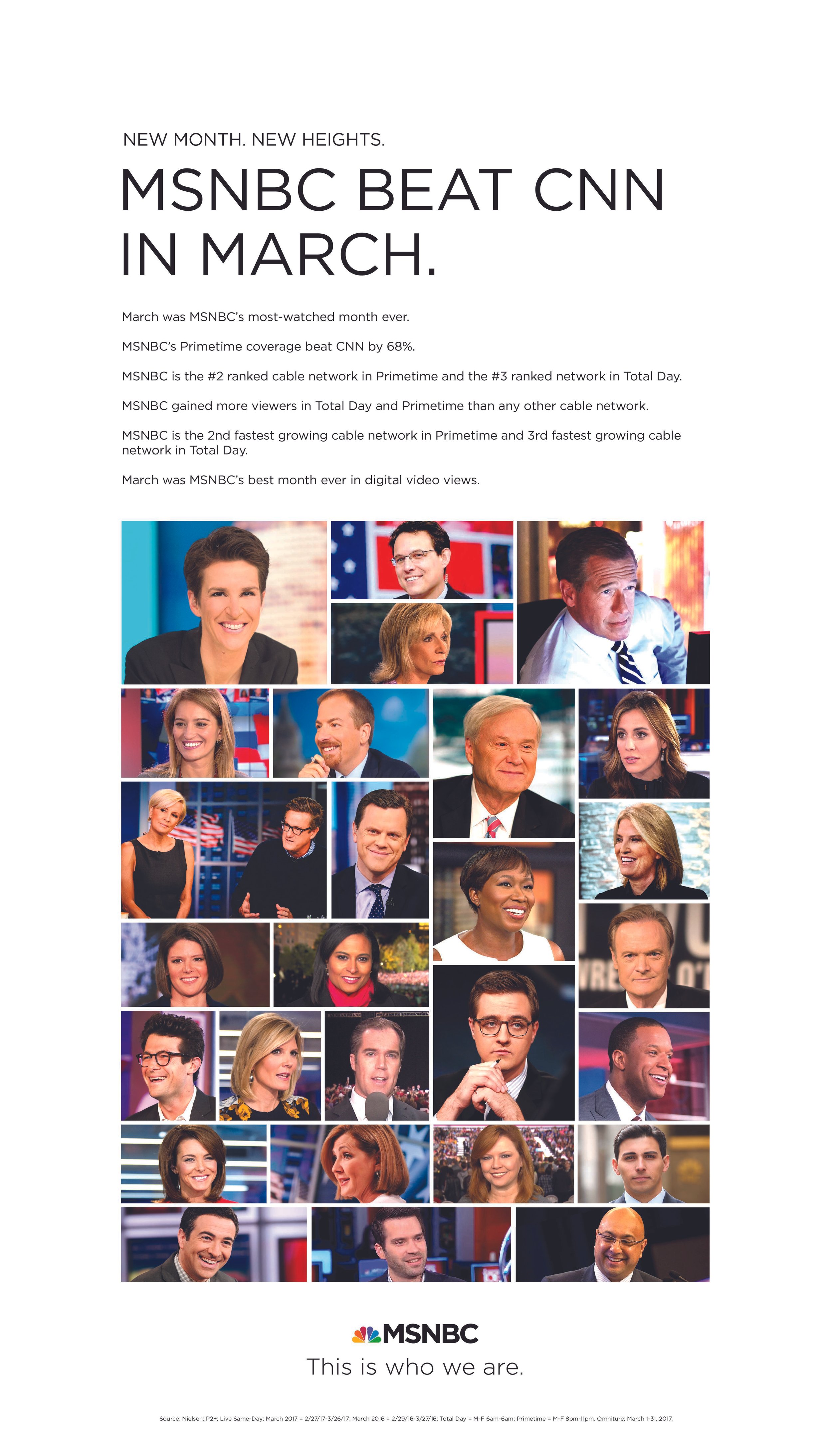 Poster highlighting MSNBC's March TV ratings success, featuring a collage of television anchors and hosts, with the MSNBC logo at the bottom.