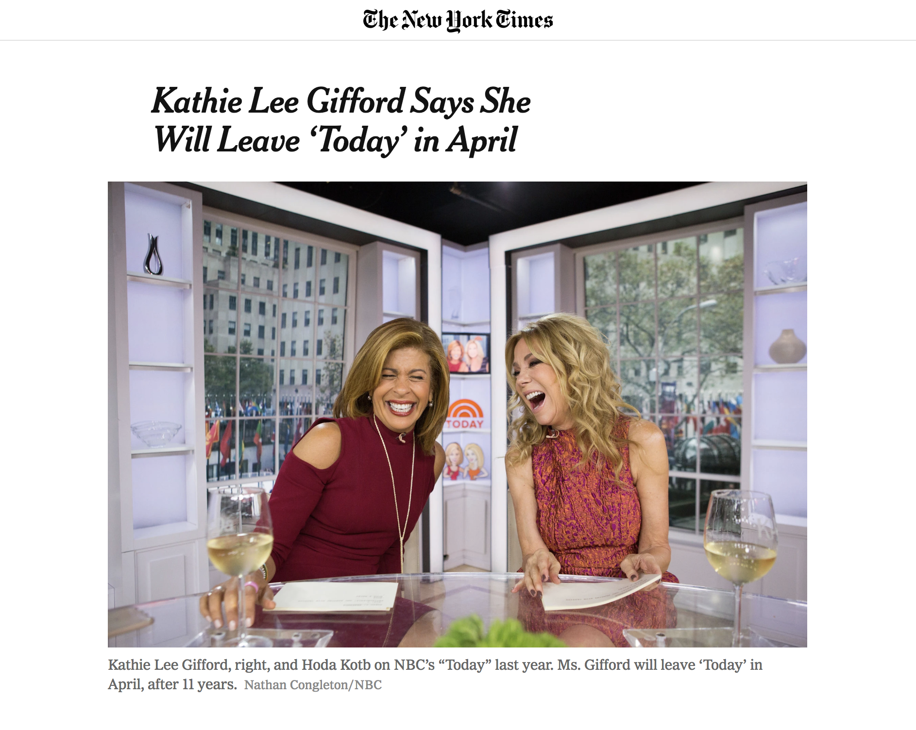The New York Times, "Kathie Lee Gifford Says She Will Leave 'Today' in April", By John Koblin, 2018