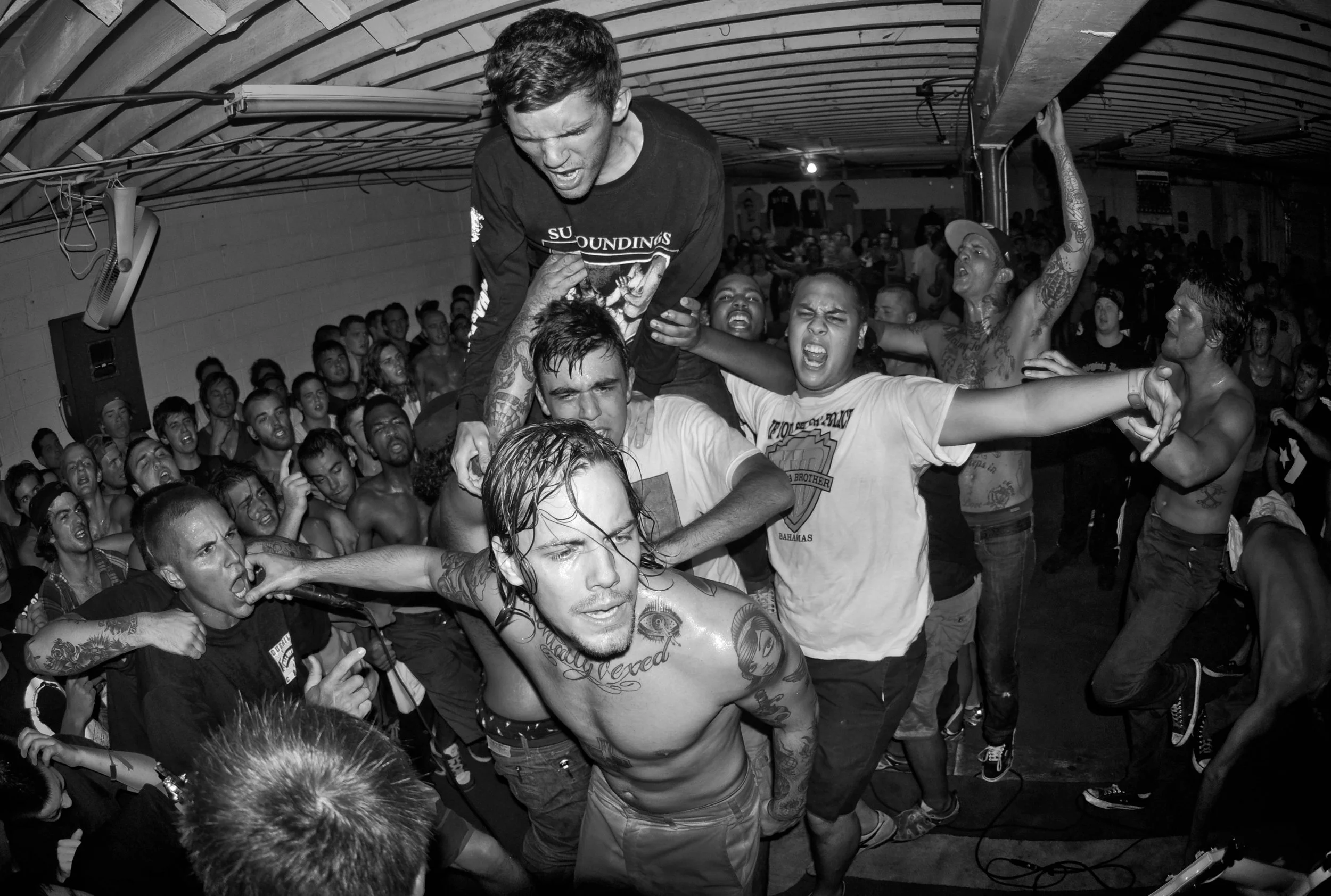 A crowded live music concert with a mosh pit, showing energetic and passionate audience members and a band member on stage, with some people singing and others pushing or moshing.