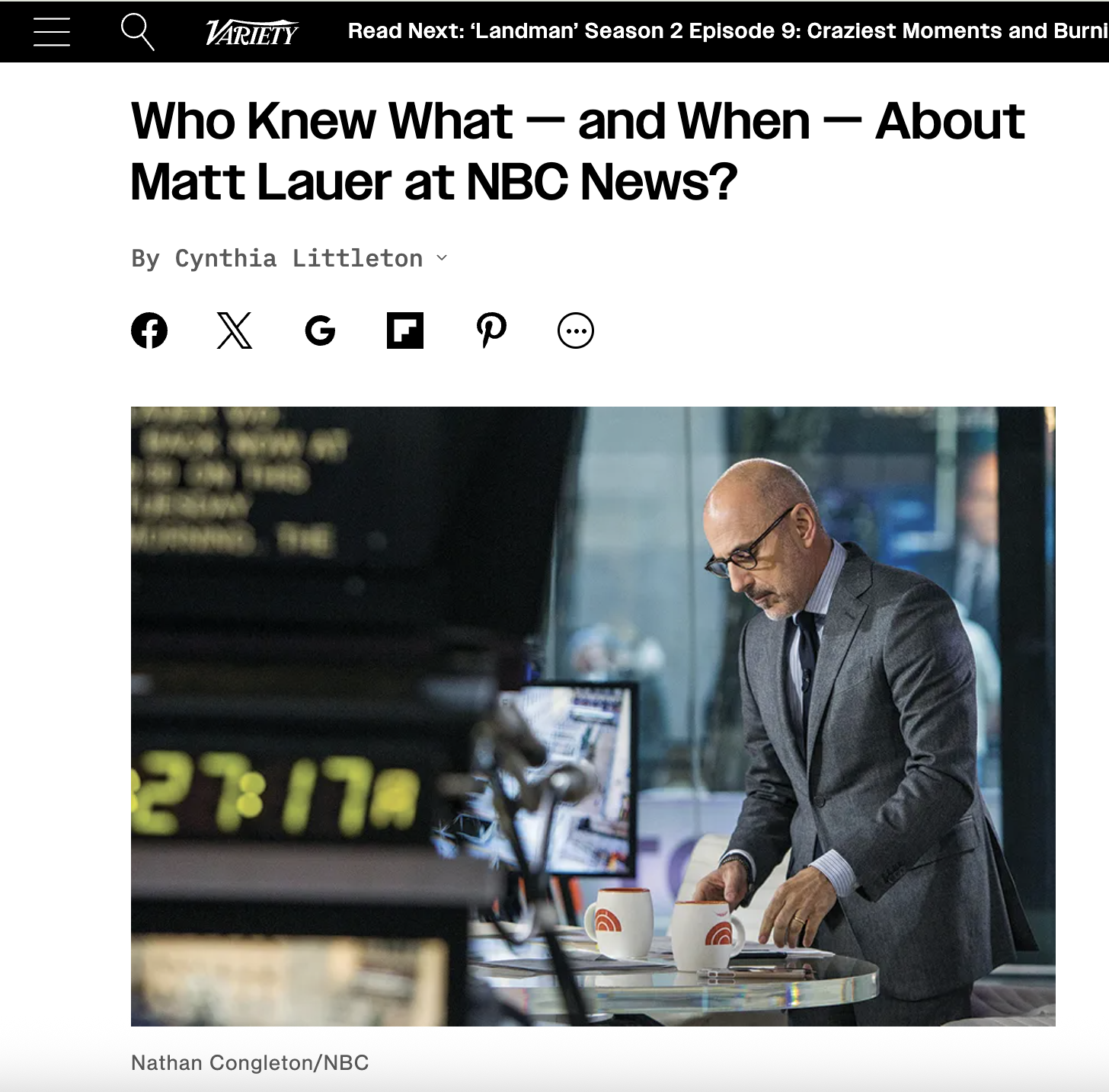 Variety, "Who Knew What — and When — About Matt Lauer at NBC News?", By Cynthia Littleton, 2017