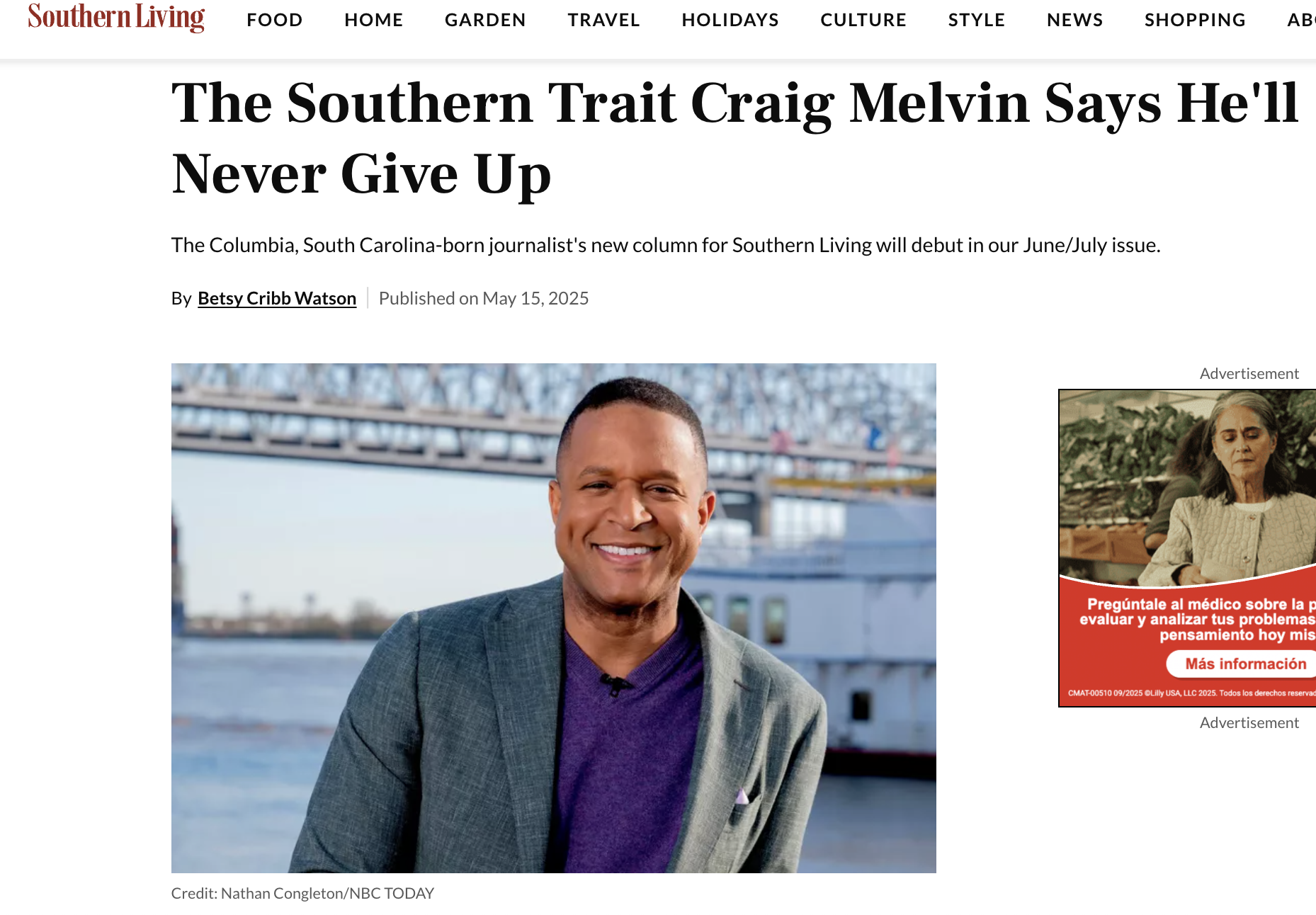 Southern Living, "The Southern Trait Craig Melvin Says He'll Never Give Up", By Betsy Cribb Watson, 2025