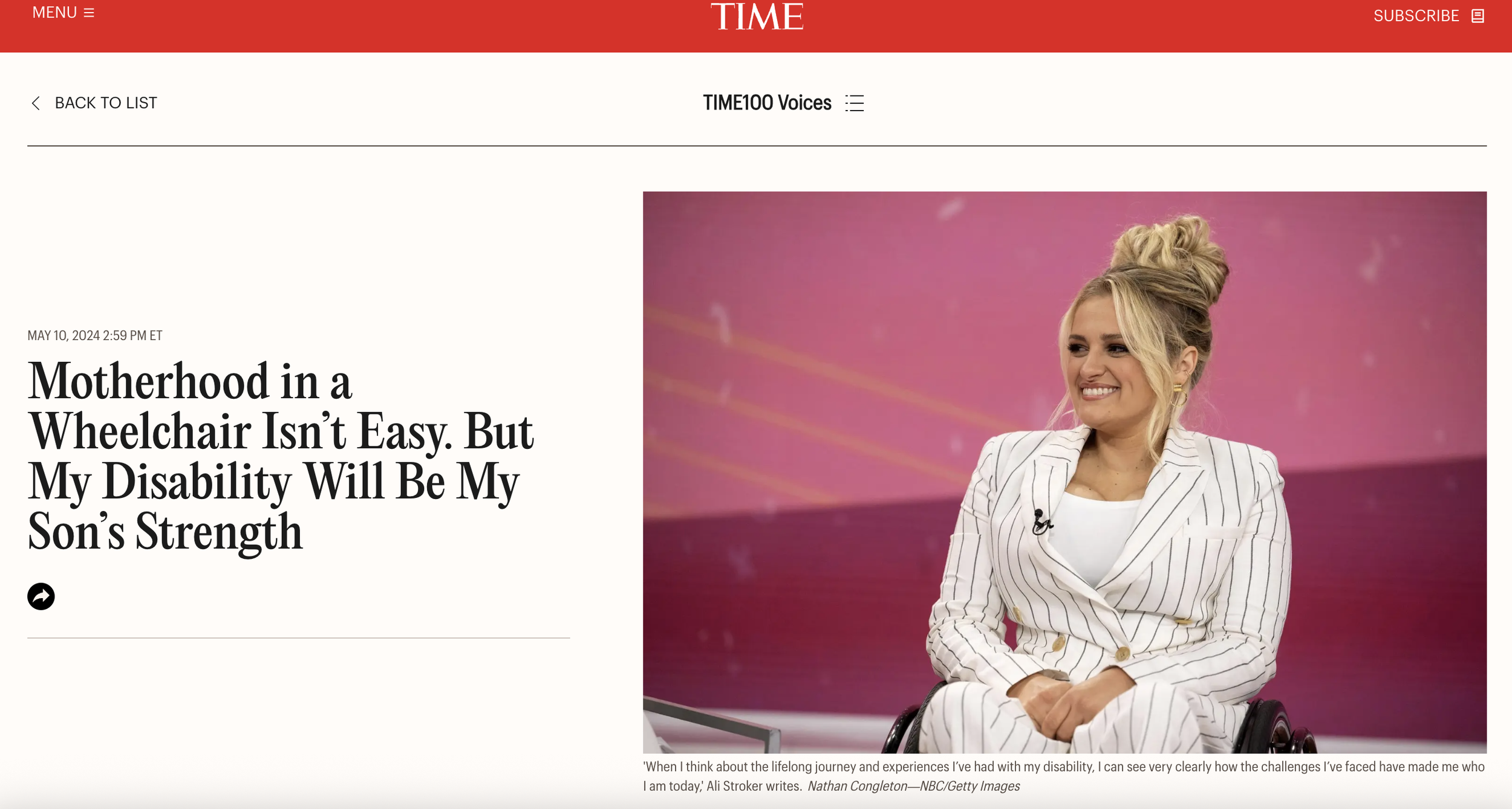 Time, "Motherhood in a Wheelchair Isn’t Easy. But My Disability Will Be My Son’s Strength", 2019