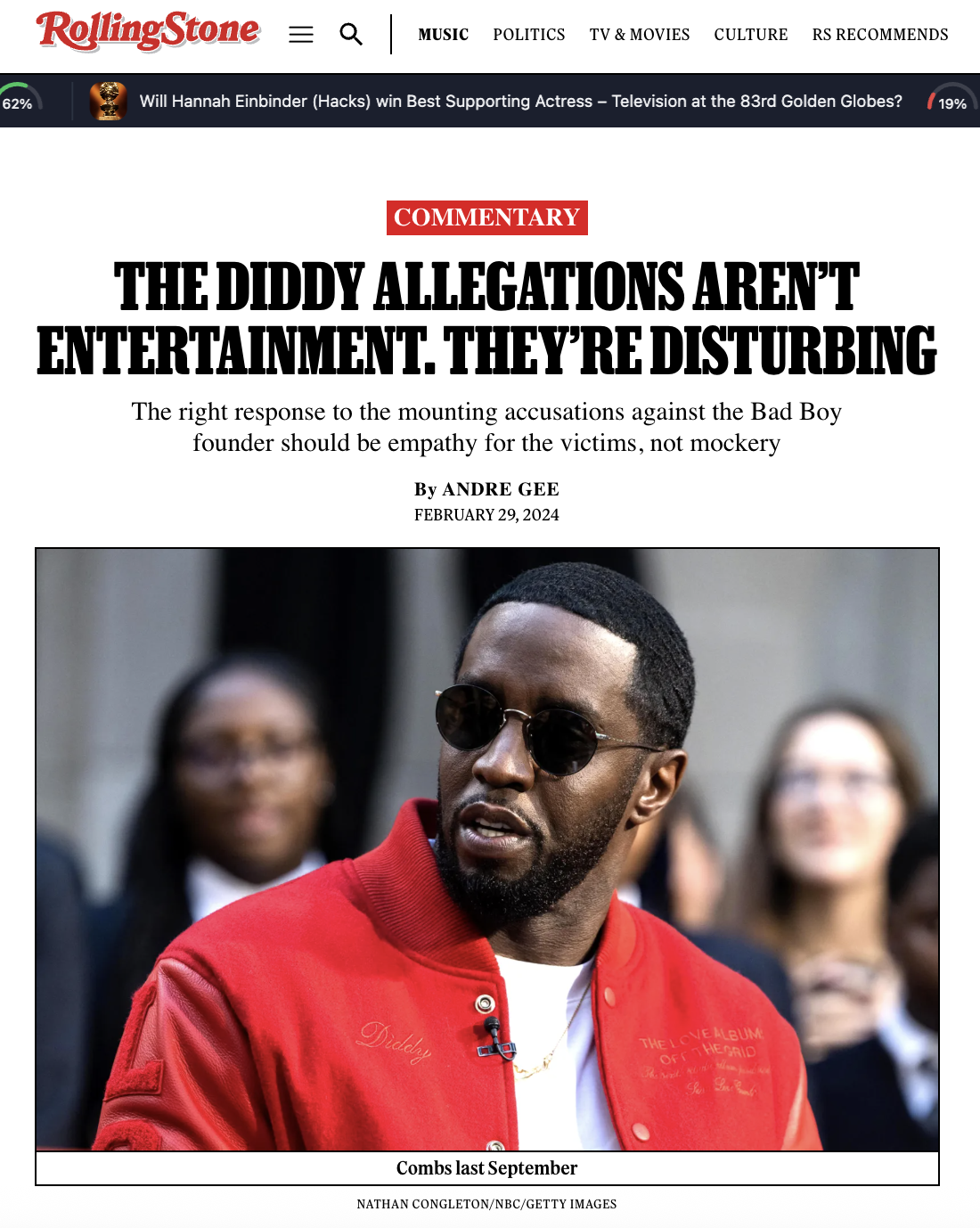 Rolling Stone, "The Diddy Allegations Aren’t Entertainment. They’re Disturbing", By Andre Gee, 2024