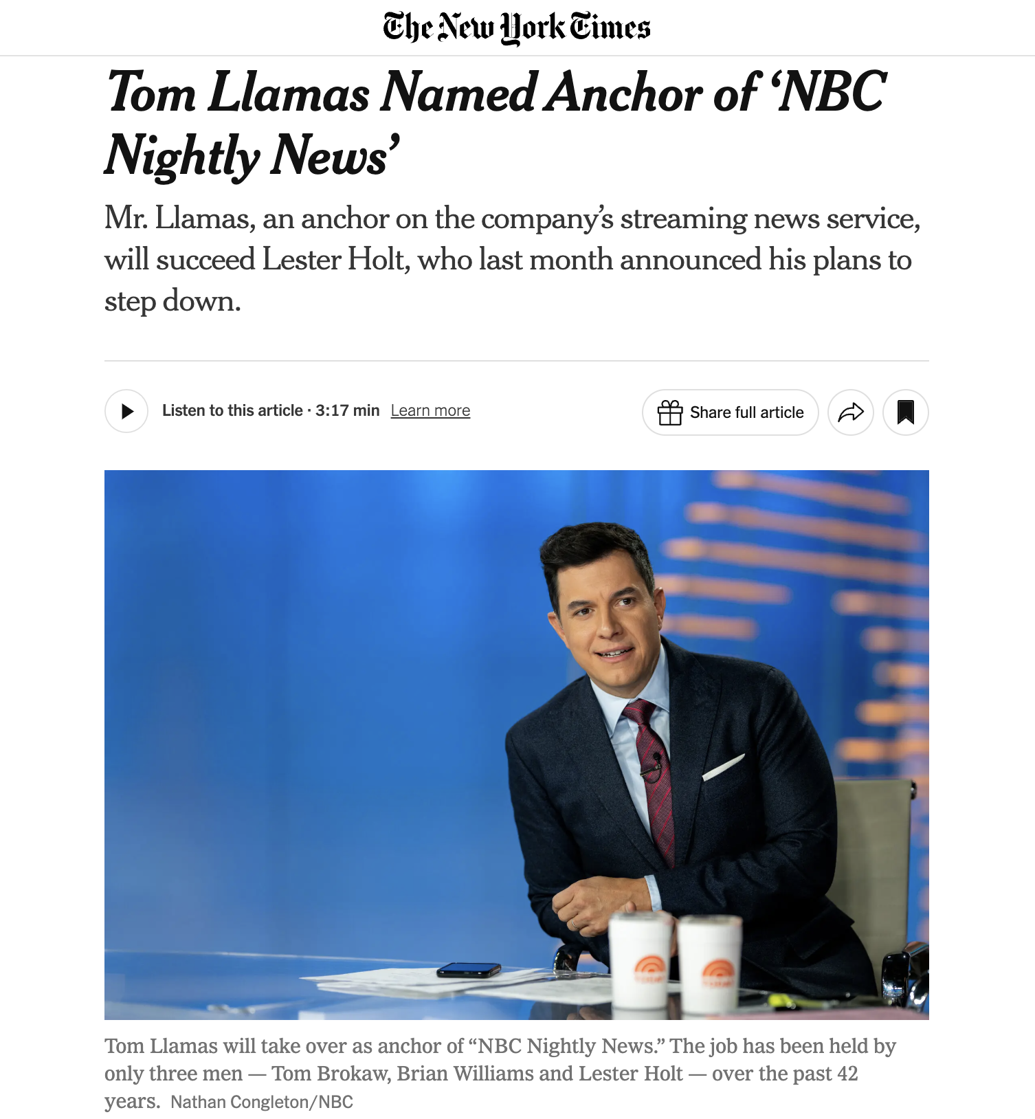 The New York Times, "Tom Llamas Named Anchor of ‘NBC Nightly News’", by John Koblin, 2025