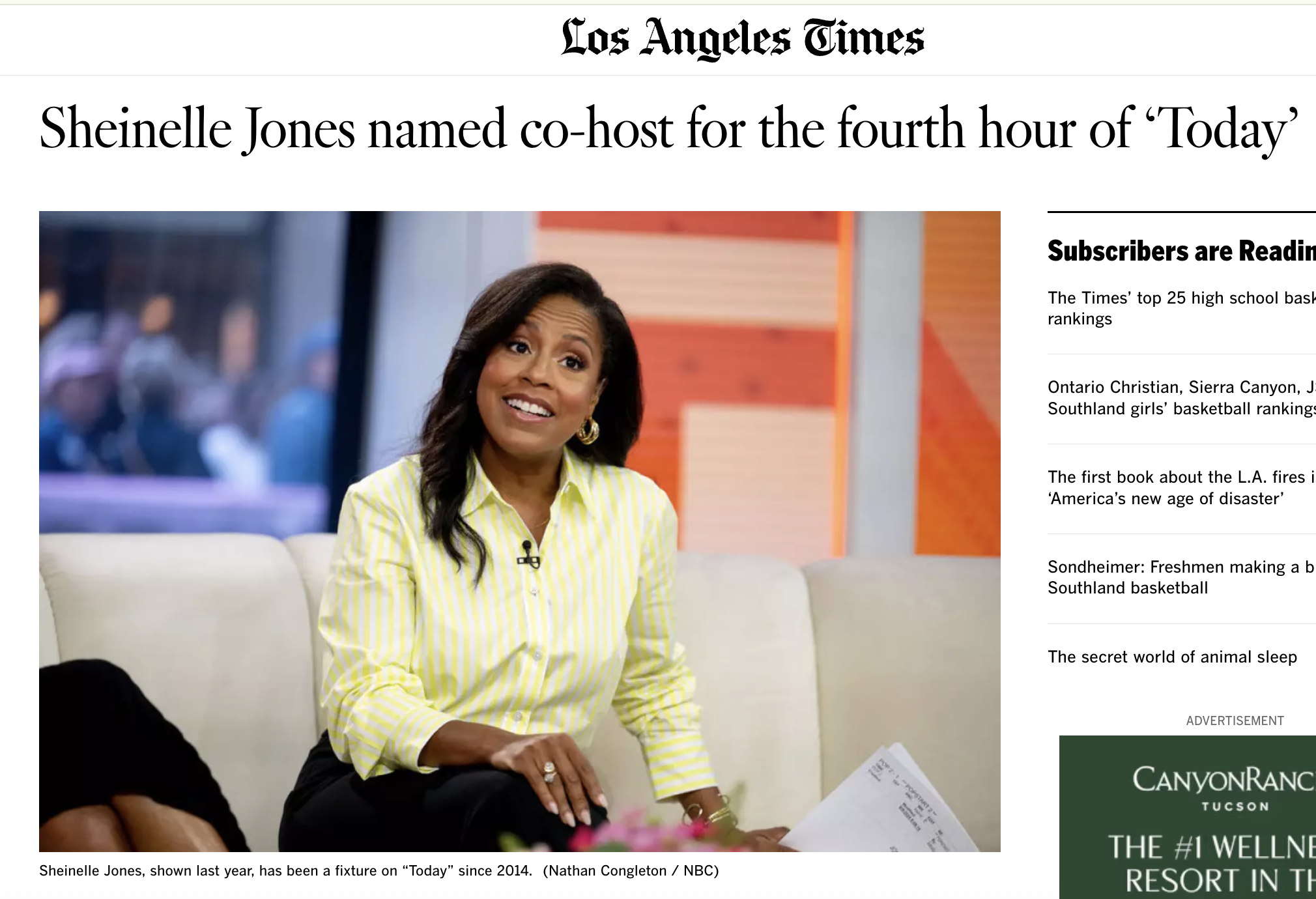 Los Angeles Times, "Sheinelle Jones named co-host for the fourth hour of ‘Today’", By Stephen Battaglio, 2025