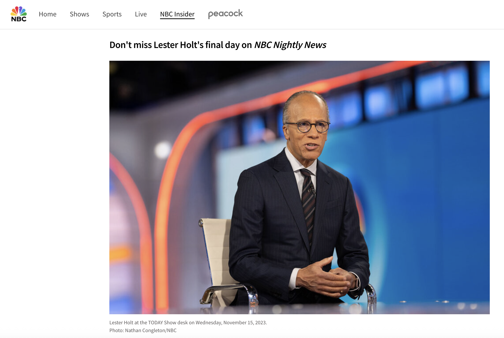 NBC, "Find Out Lester Holt's Last Day on NBC Nightly News — and Why He's Leaving", By Jessica White, 2025