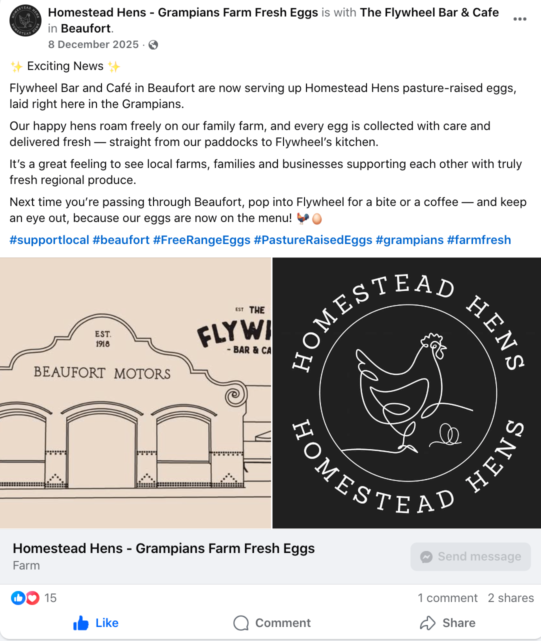 Logo of Homestead Hens featuring a simplistic outline of a hen inside a circle with the text 'Homestead Hens' surrounding it, and an illustration resembling a barn or farm building with the words 'Beaufort Motors' and 'The Flywheel Bar & Cafe' on a beige background.