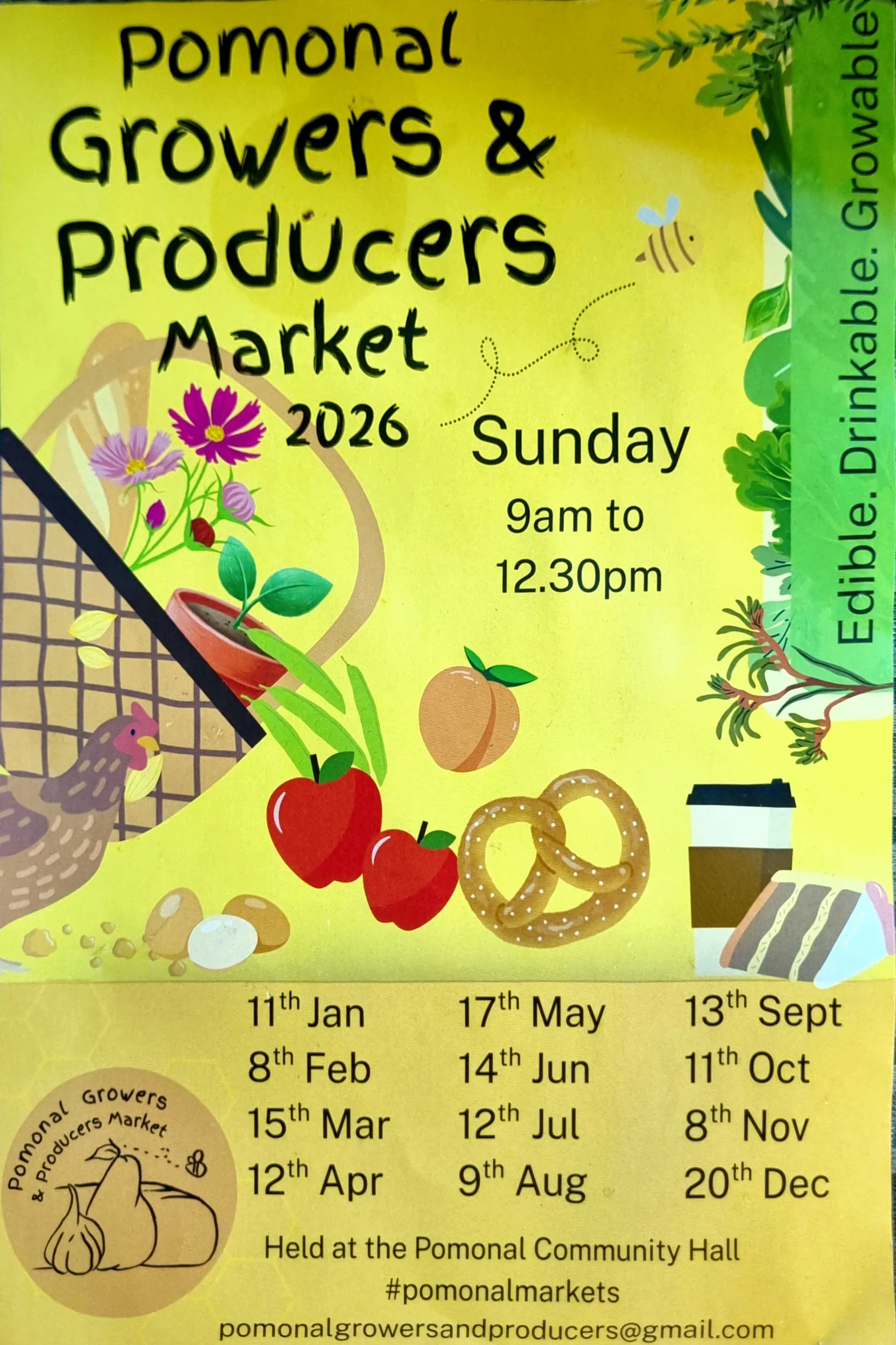 Flyer for Pomonal Growers & Producers Market 2026, held at the Pomonal Community Hall on Sundays from 9 am to 12:30 pm, featuring illustrations of vegetables, fruits, baked goods, and farm animals.