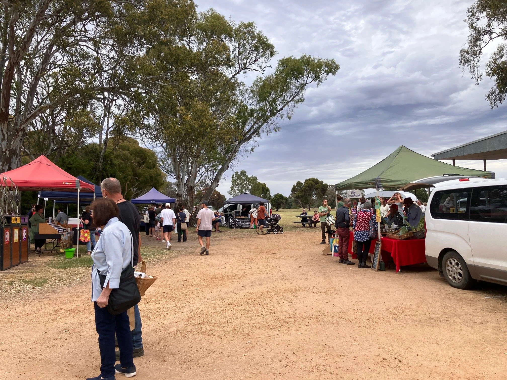 People shopping at an outdoor market with tents and stalls, trees in the background, and a partly cloudy sky overhead at Pomonal Markets
