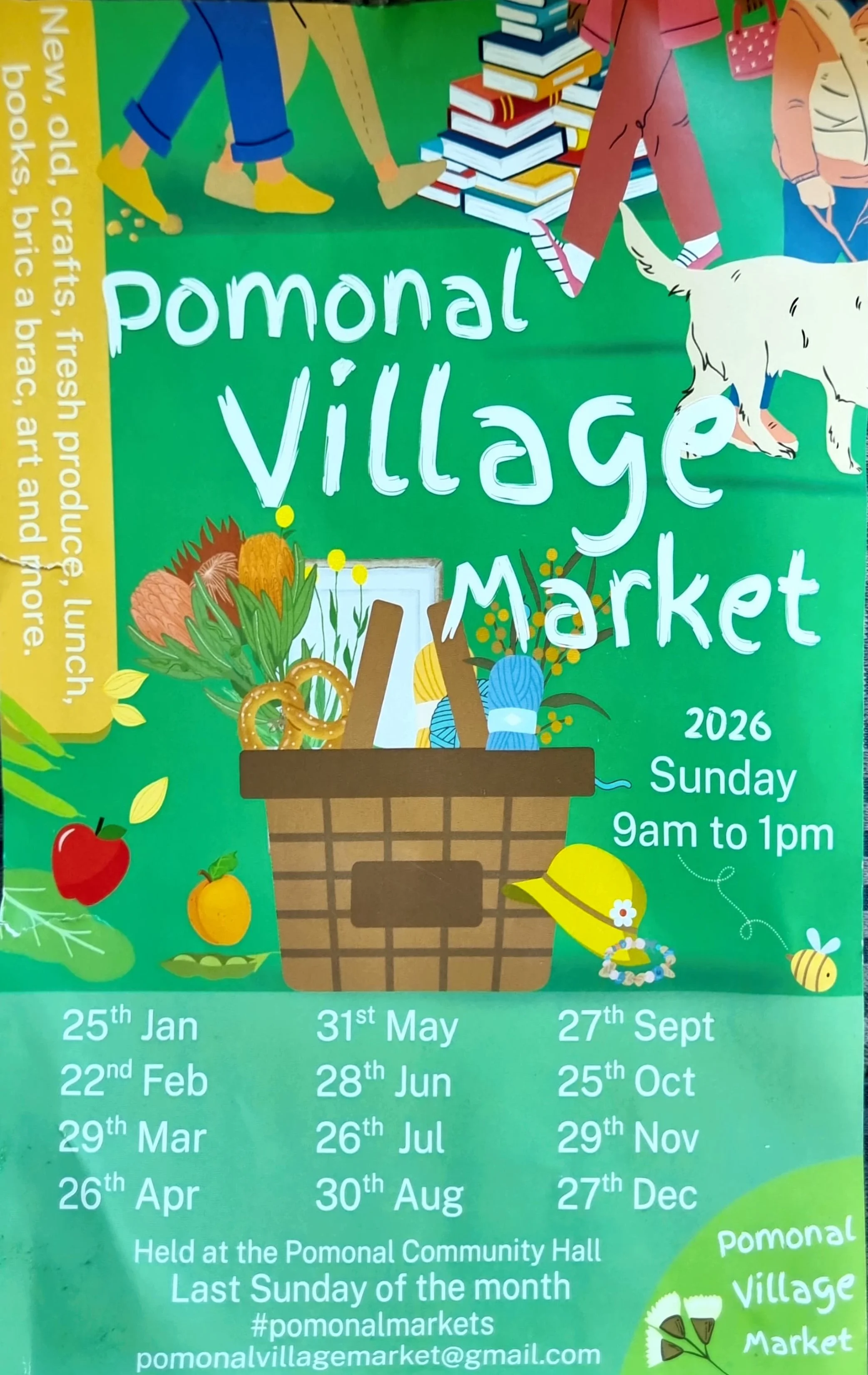Flyer for Pomonal Village Market with colorful illustrations of books, food items, and a white dog, date, time, and location details.