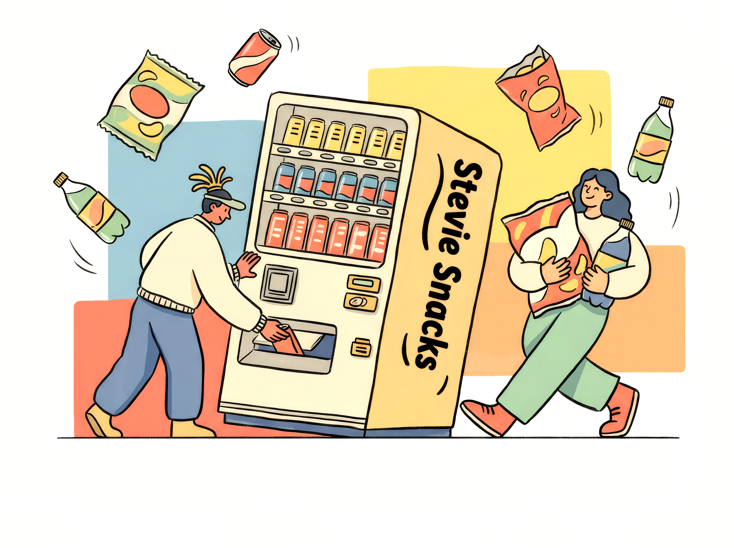 Two people near a vending machine with snacks and drinks, one person is cashing out and another person is holding snacks and drinks, with snacks and drinks shown flying through the air.