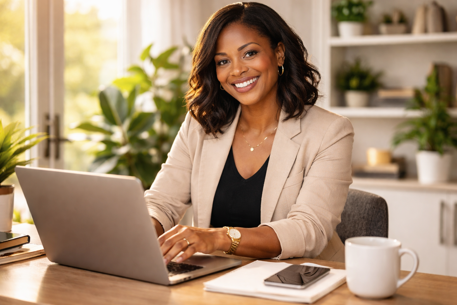 A smiling woman with dark wavy hair working on a laptop at a desk in a bright, cozy home office with plants and shelves in the background.