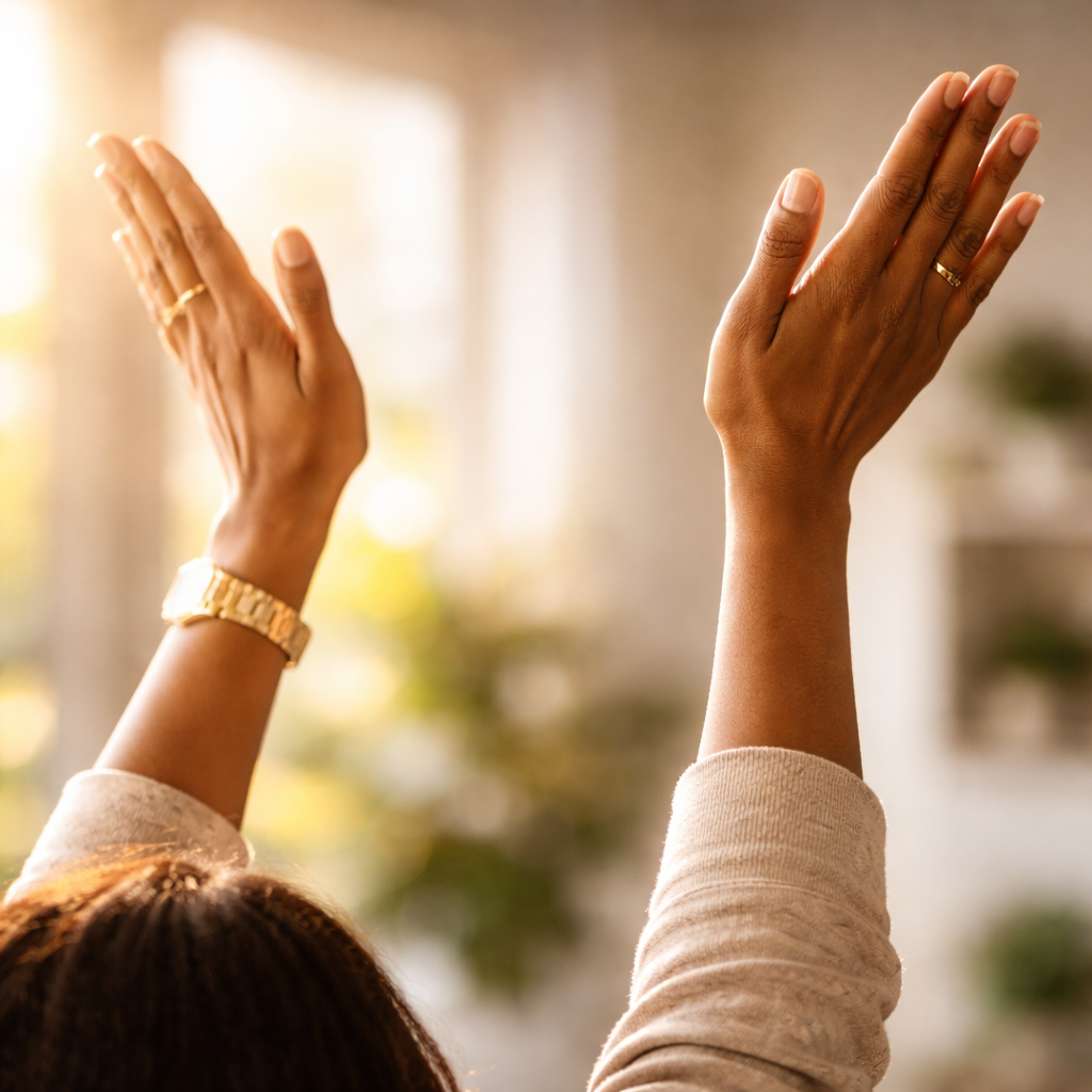 Two hands raised with palms facing forward, wearing gold rings and a gold watch, in a well-lit indoor setting.