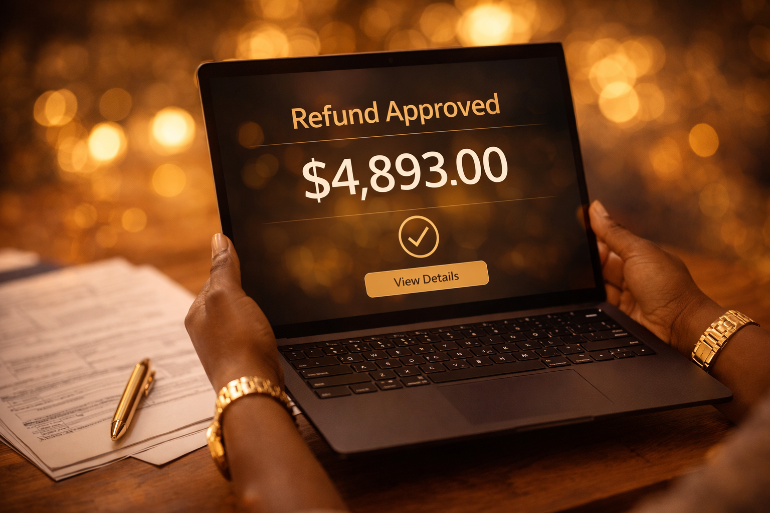 Laptop screen displaying a message 'Refund Approved' with an amount of $4,893.00 and a 'View Details' button, on a wooden table with a pen and papers, gold bracelet on the person's wrist, warm bokeh background lighting.