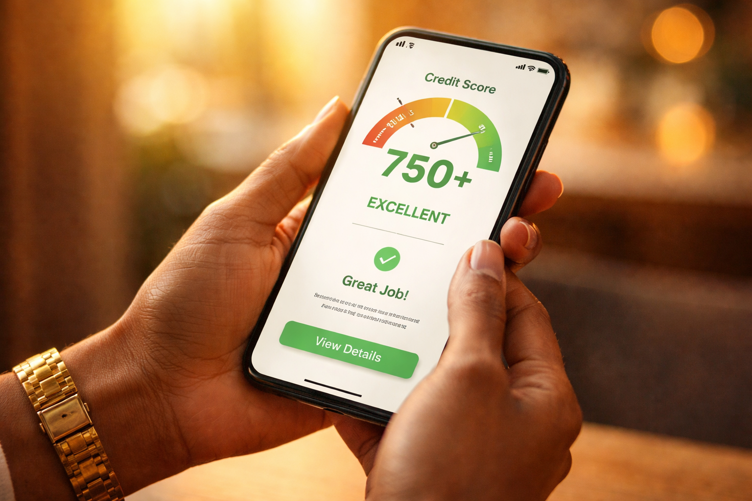 A person holding a smartphone displaying a credit score of 750+ with an 'Excellent' rating and a green checkmark, in a well-lit indoor setting.