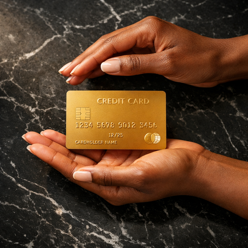 A person with dark skin holding a gold-colored credit card over a black marble surface.