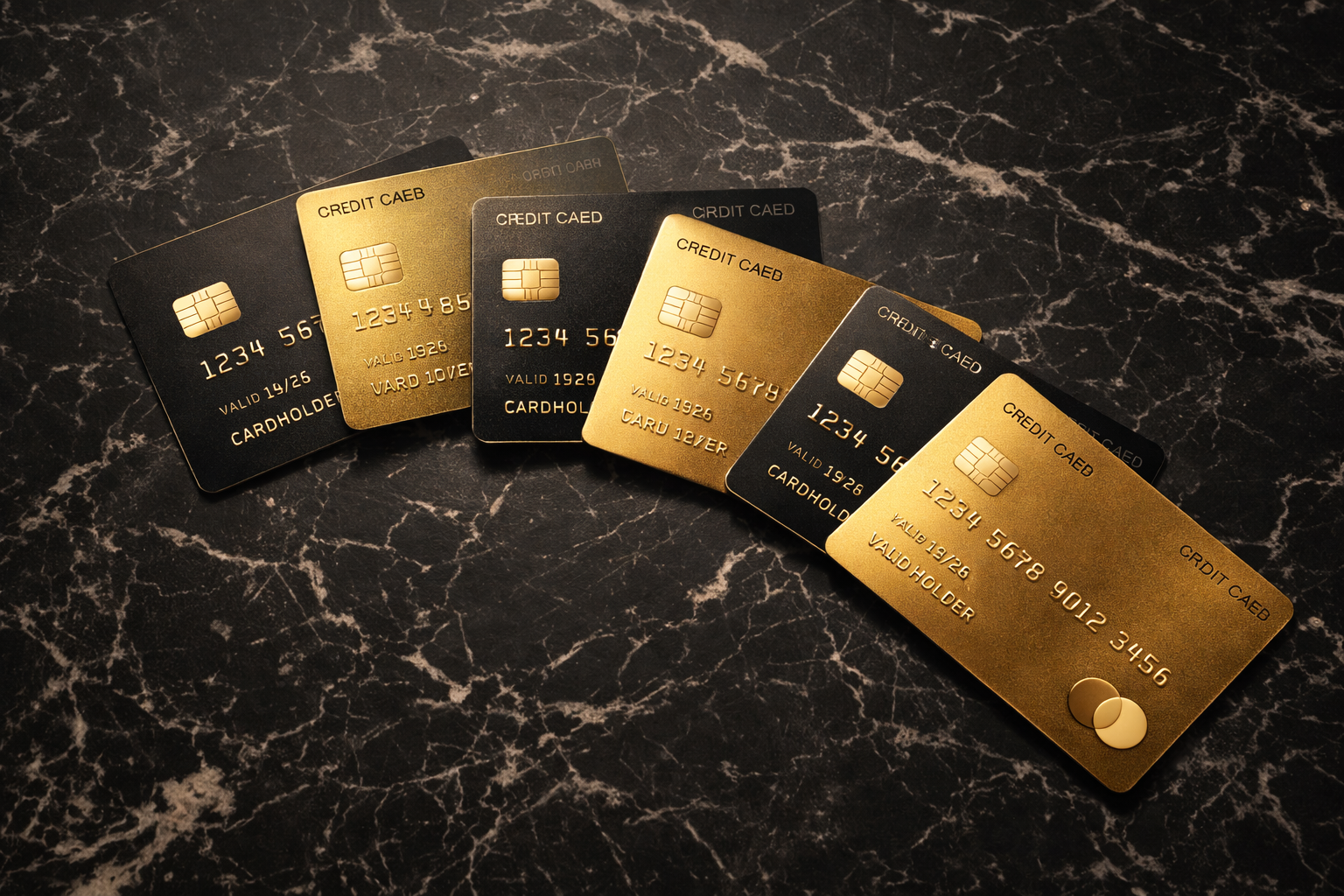 Six black and gold credit cards arranged on a dark marble surface.
