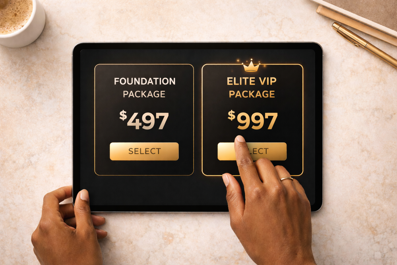 A person's hand pointing to the 'Elite VIP Package' option on a tablet screen, which shows two package options with prices and a 'Select' button, with a coffee cup, pen, and notepad nearby.