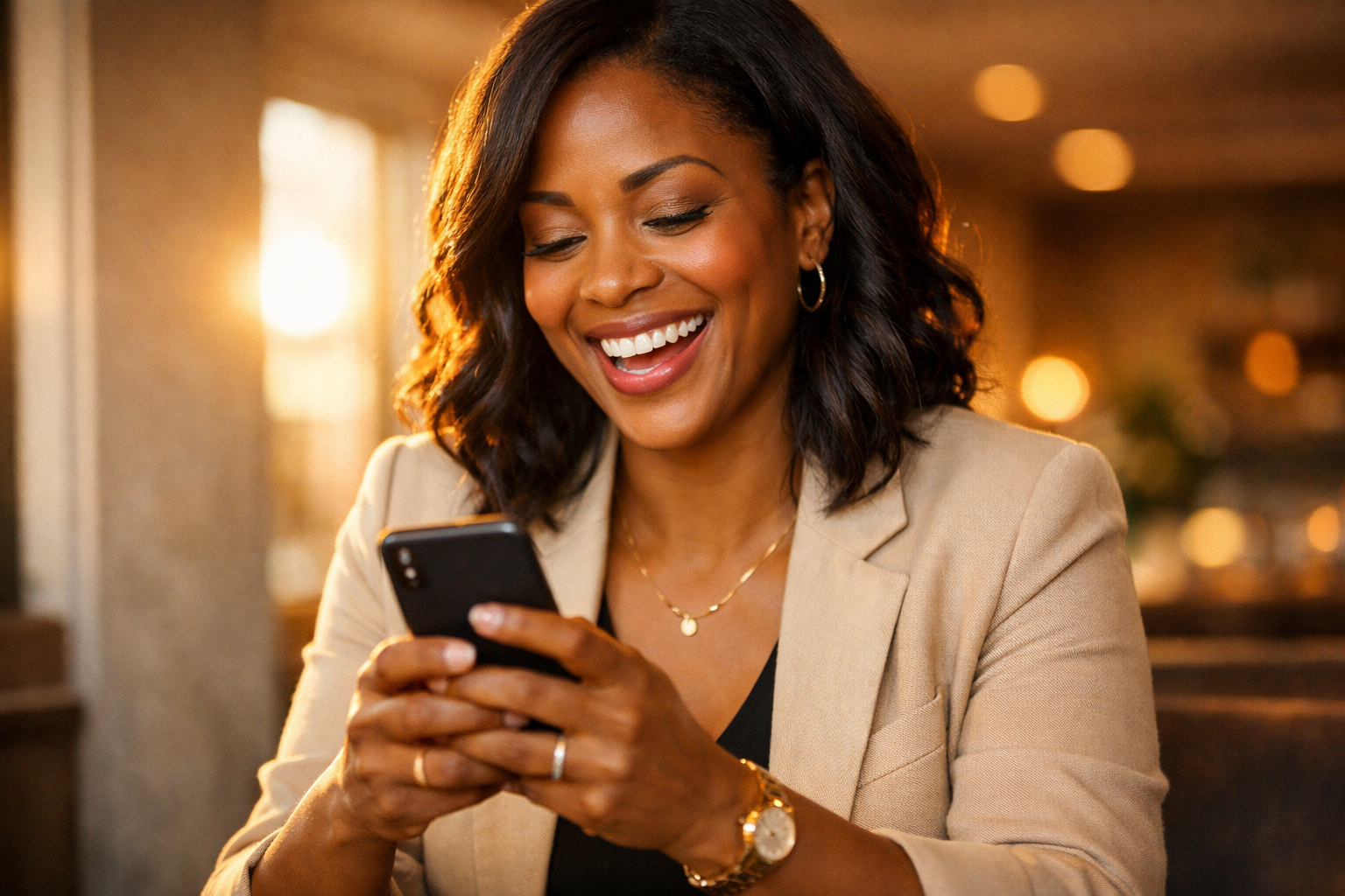 A woman with dark wavy hair and earrings smiling while looking at her phone in a warmly lit indoor setting.