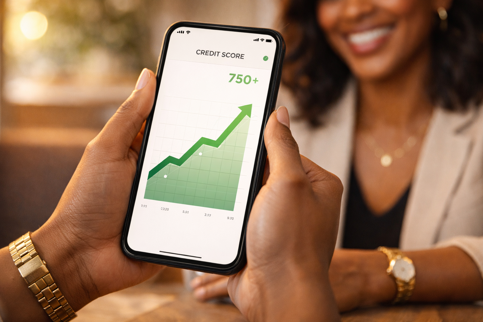 A person holding a smartphone displaying a rising green line graph indicating a high credit score of 750+ with a woman smiling in the background.
