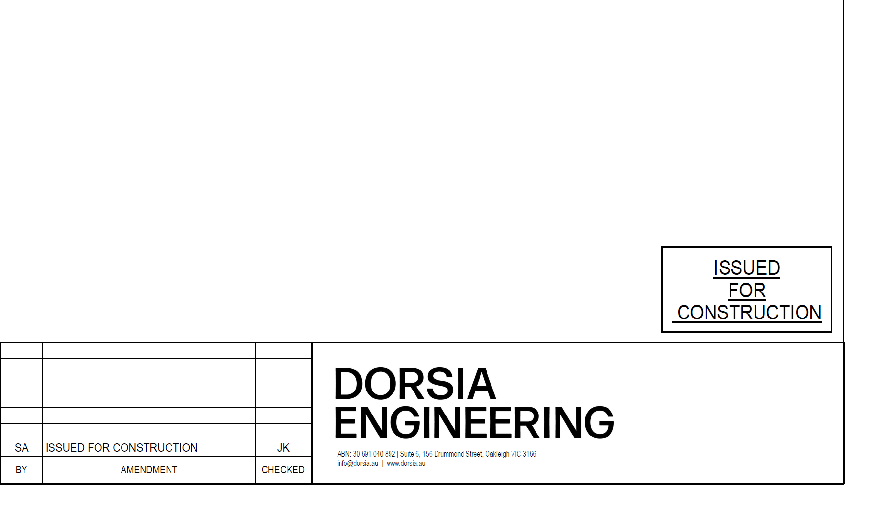 Engineering blueprint with 'Issued for Construction' stamp, company details, and project information.