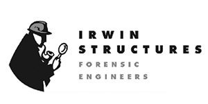 Logo for Irwin Structures Forensic Engineers featuring a detective with a magnifying glass.
