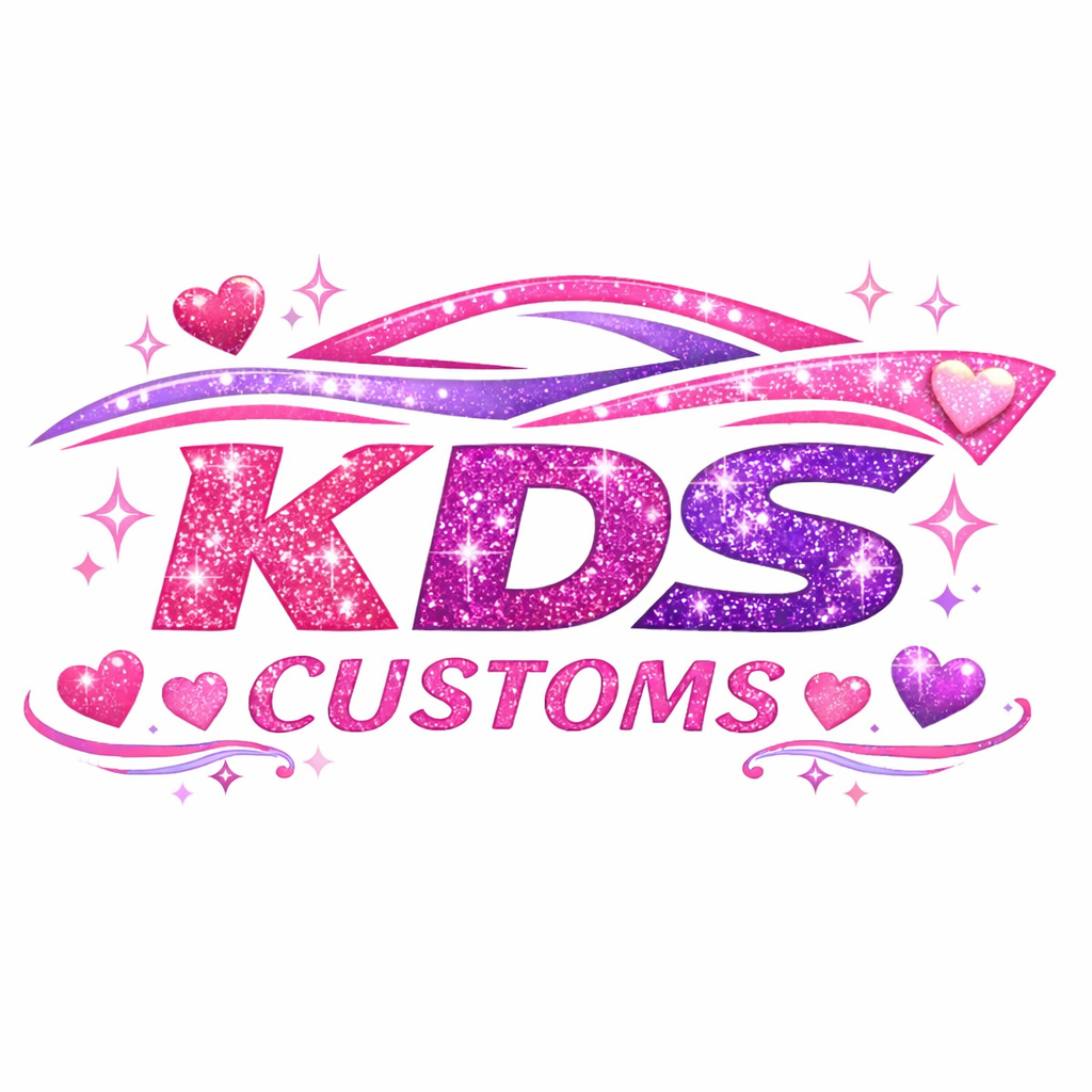 A glittery logo for Kids Customs with pink and purple text, decorated with hearts and stars.