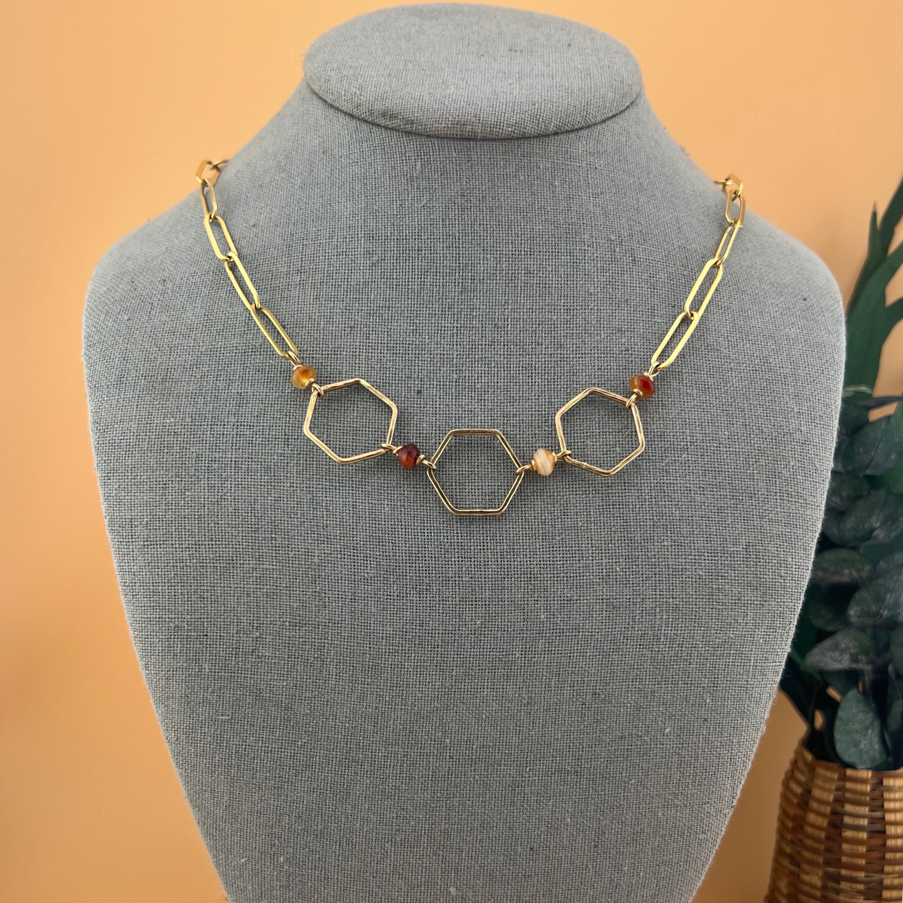 Hex + Stone necklace featuring hammered hexagons links with banded agate beading in 14k gold fill.