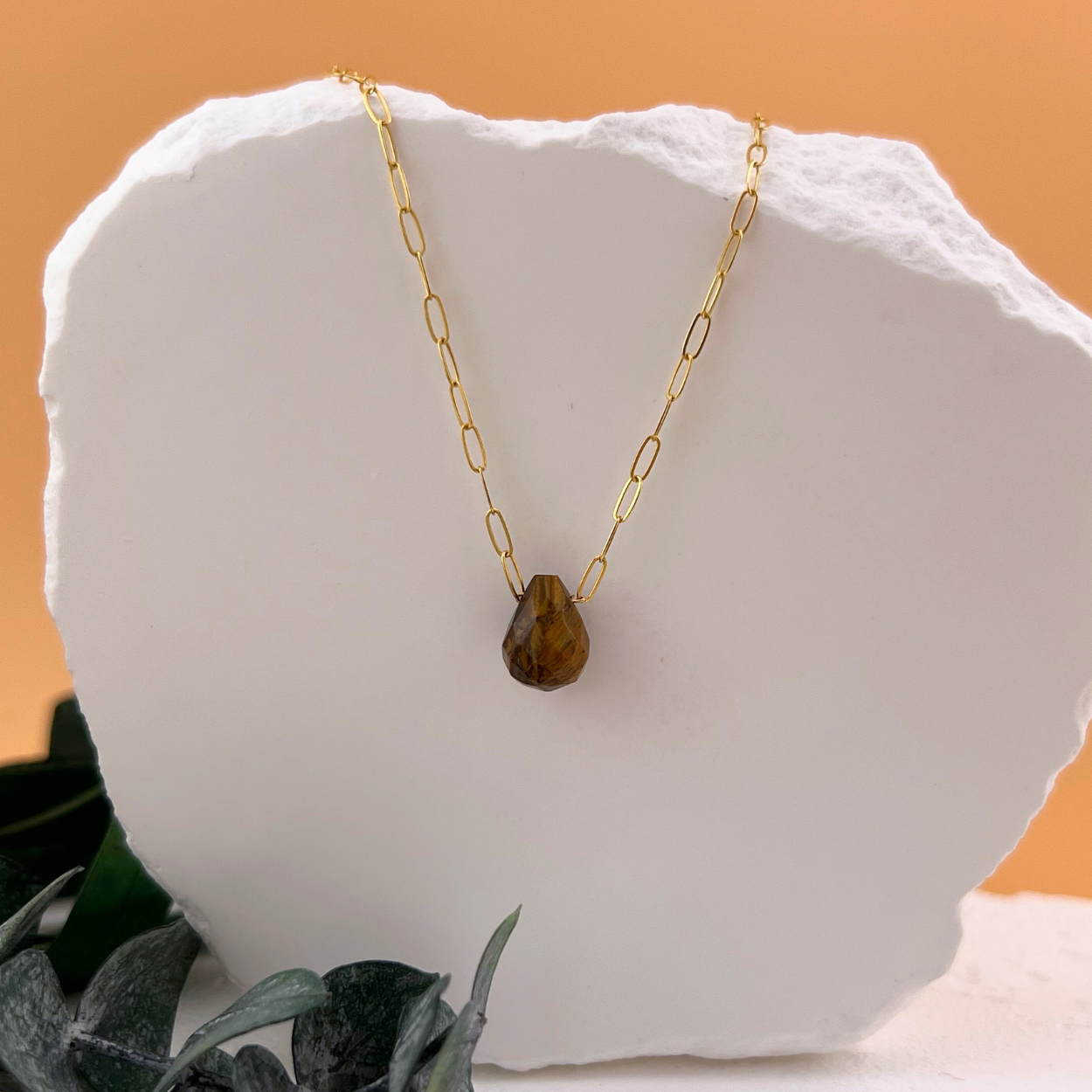 Tiger’s eye briolette pendant necklace on 14kt gold fill paperclip chain.