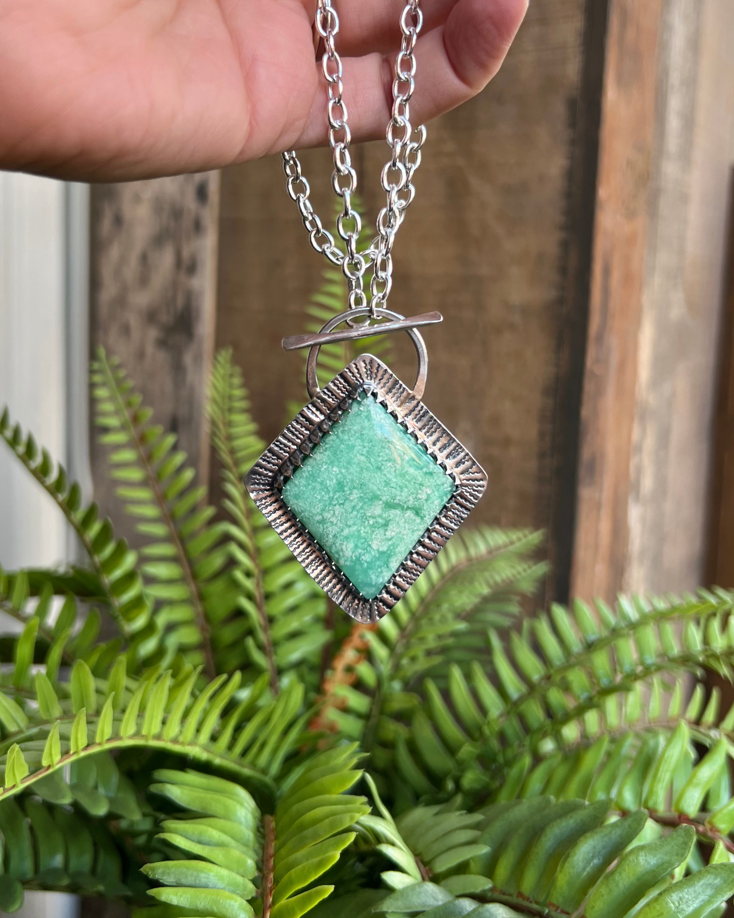 Large diamond shamed chrysoprase necklace, with hammered detail, cable link chain, and toggle clasp.