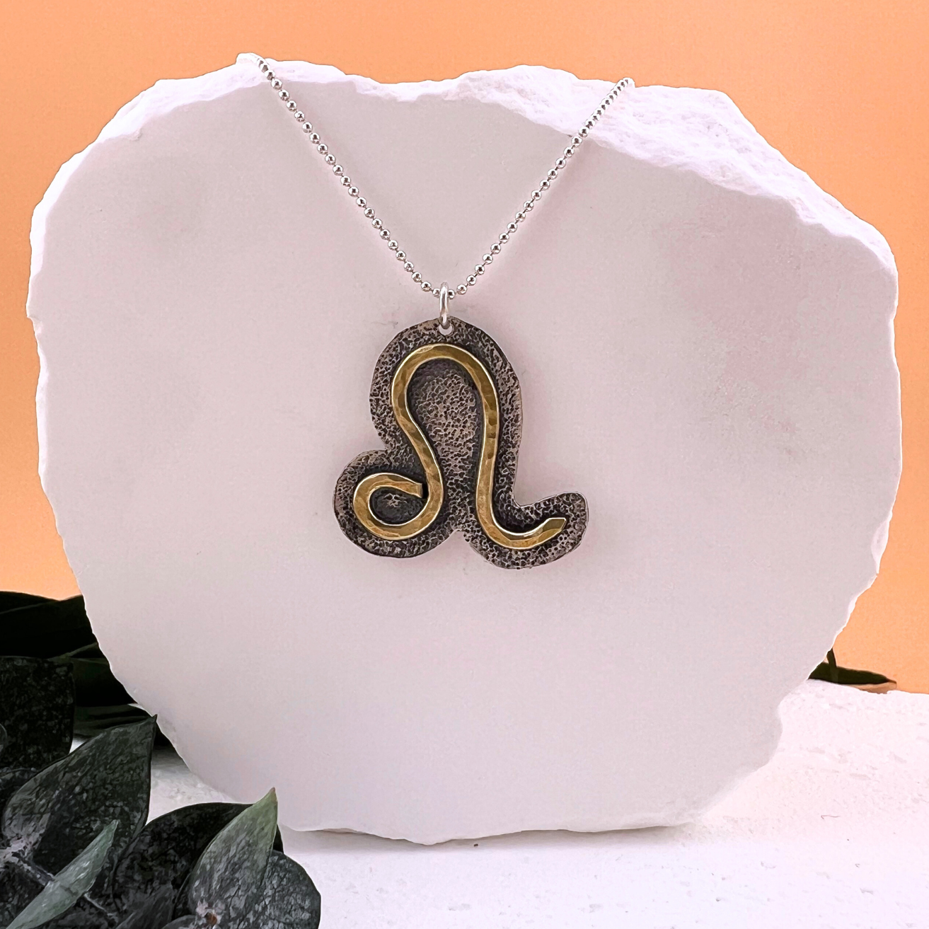 Leo zodiac necklace featuring brass lion symbol on sterling silver pendant.