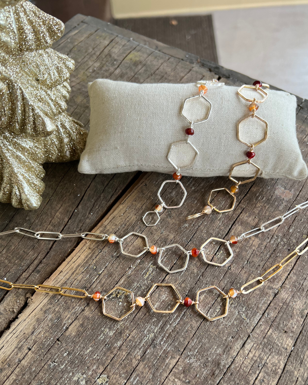 New Hex + Stone collection of necklaces and bracelets in silver and gold fill with hammered open hexagons linked with agate beads.